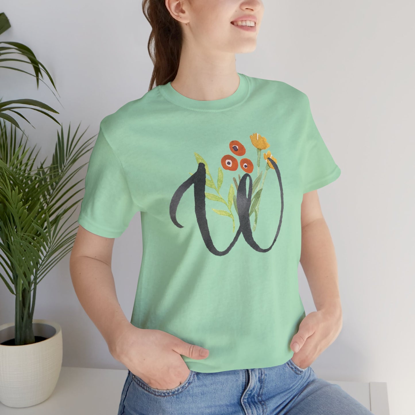 Clothing Stuff > Shirts & Tops > Unisex Jersey Tee Watercolor Flower Letter W T-Shirt – Garden Nerd Tee for Plant Moms