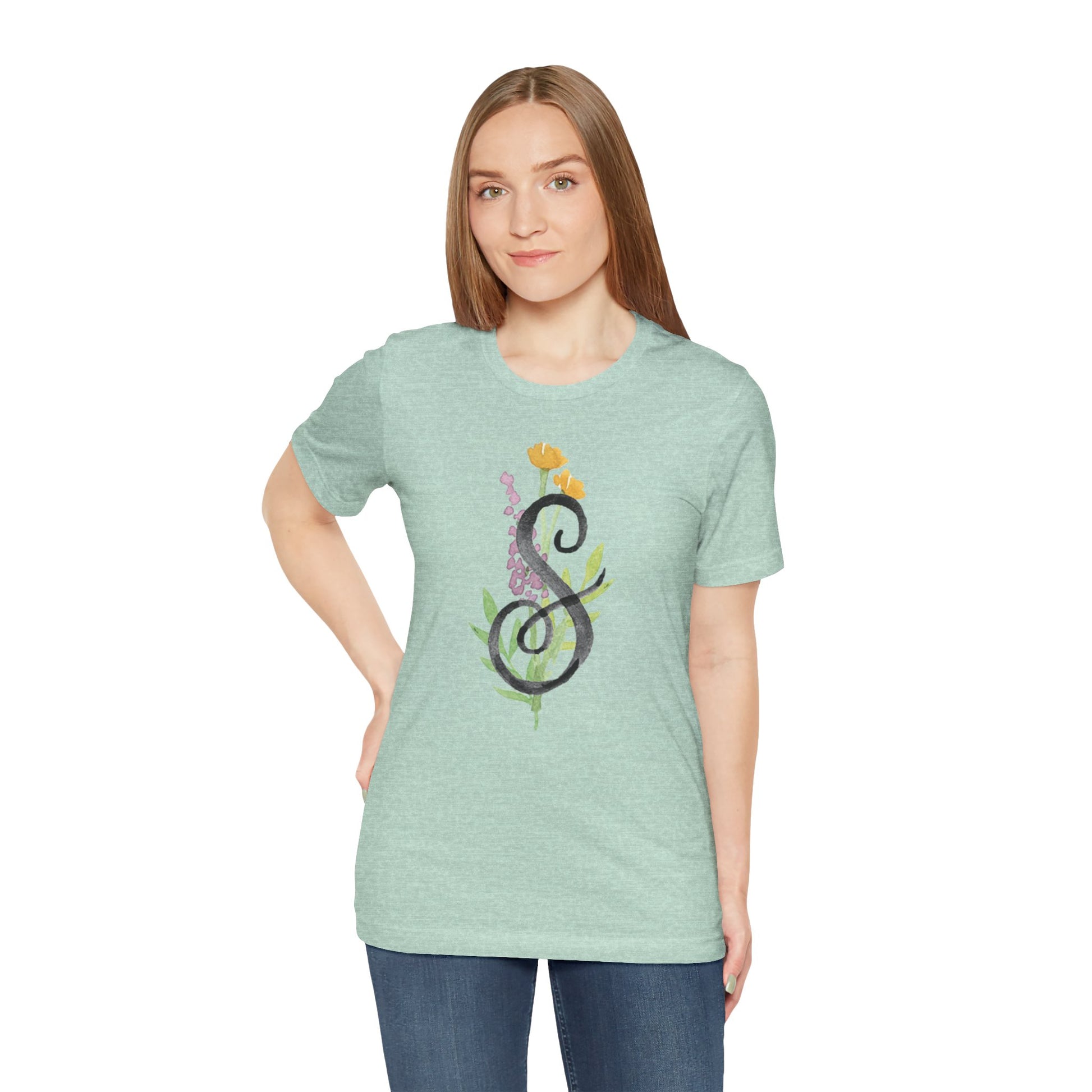Clothing Stuff > Shirts & Tops > Unisex Jersey Tee Watercolor Flower Letter S T-Shirt – Garden Nerd Tee for Plant Moms