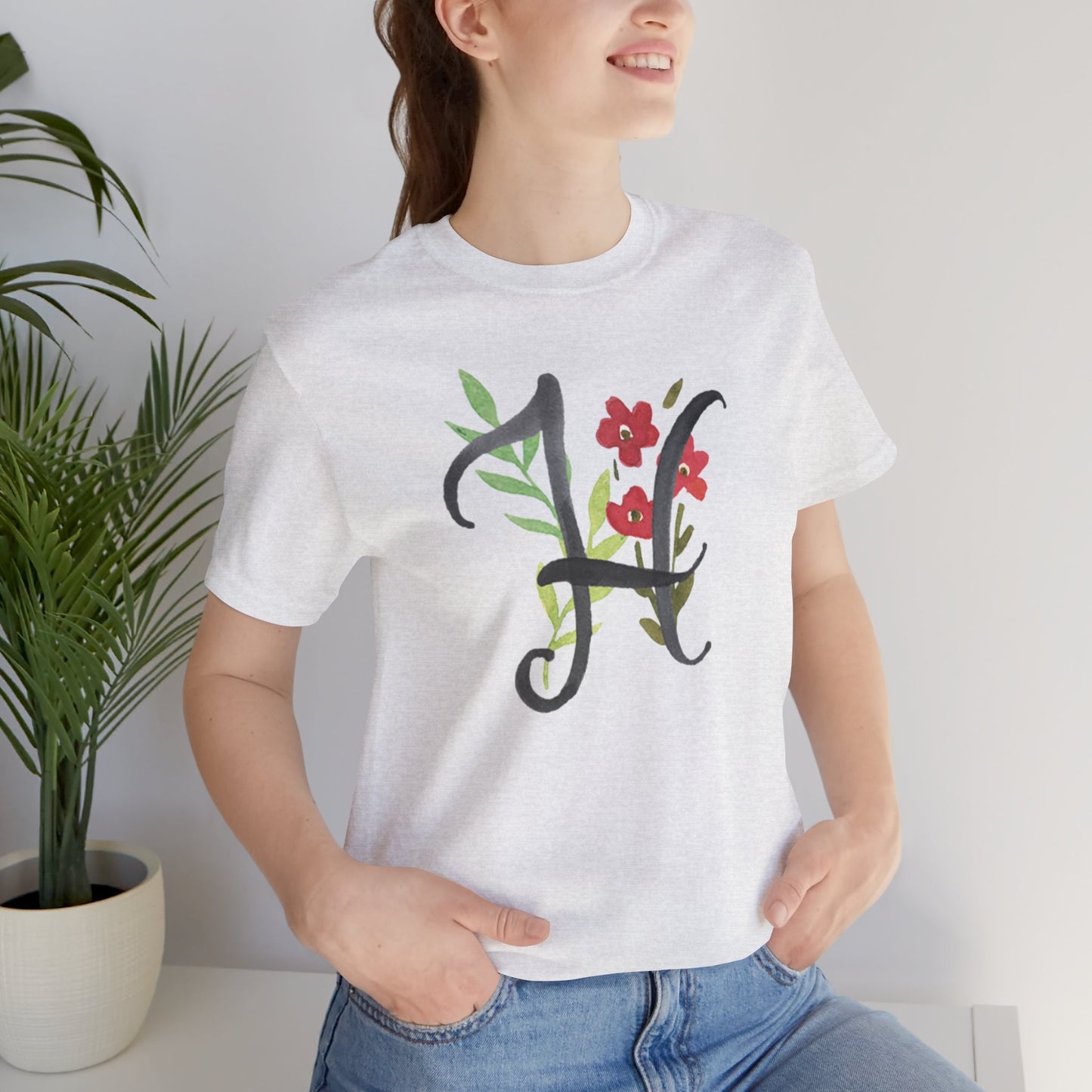 Clothing Stuff > Shirts & Tops > Unisex Jersey Tee Watercolor Flower Letter H T-Shirt – Garden Nerd Tee for Plant Moms