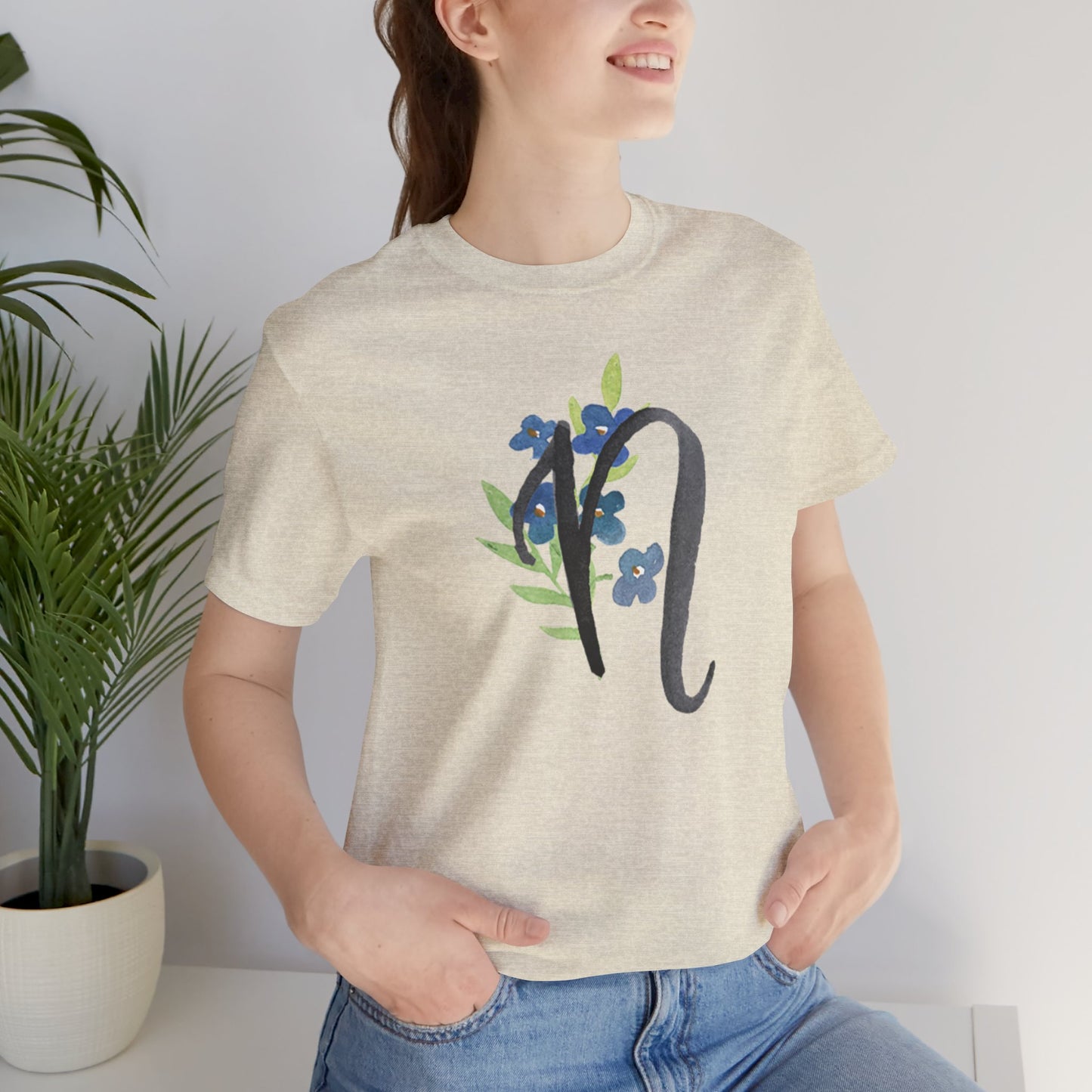Clothing Stuff > Shirts & Tops > Unisex Jersey Tee Watercolor Flower Letter N T-Shirt – Garden Nerd Tee for Plant Moms