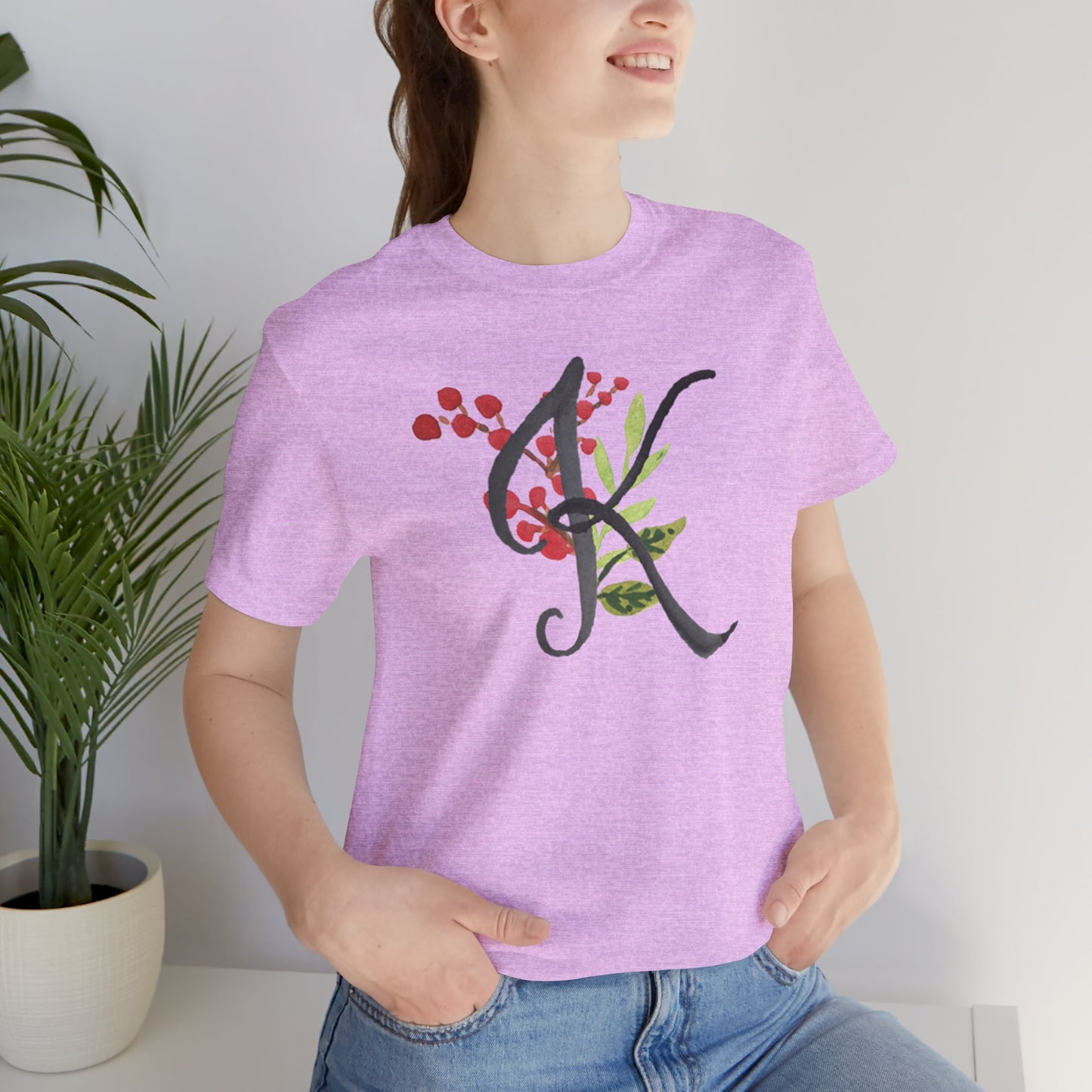 Clothing Stuff > Shirts & Tops > Unisex Jersey Tee Watercolor Flower Letter K T-Shirt – Garden Nerd Tee for Plant Moms