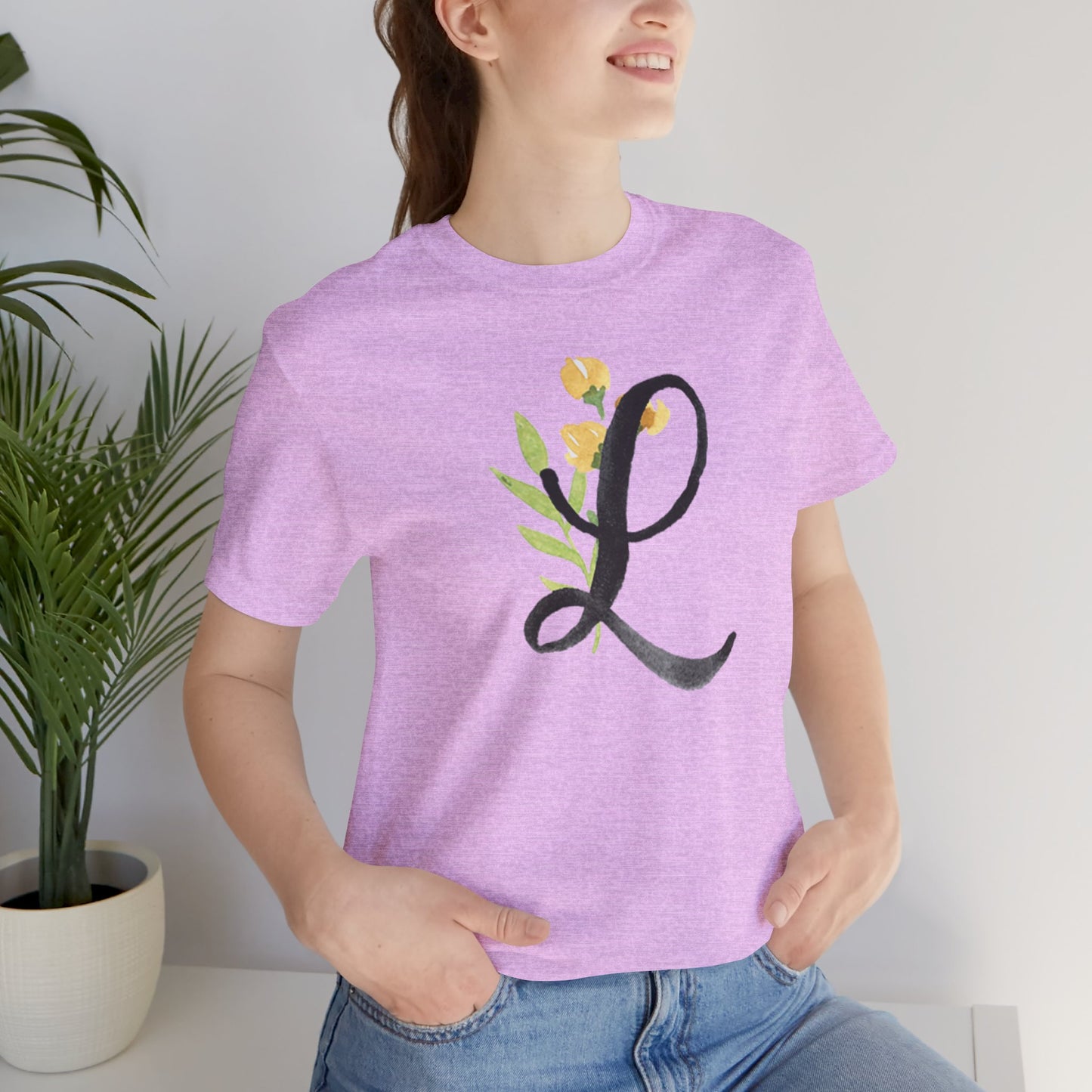 Clothing Stuff > Shirts & Tops > Unisex Jersey Tee Watercolor Flower Letter L T-Shirt – Garden Nerd Tee for Plant Moms