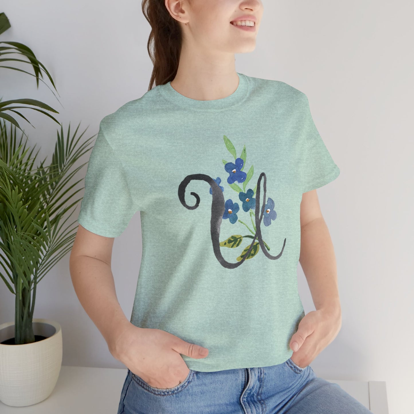 Clothing Stuff > Shirts & Tops > Unisex Jersey Tee Watercolor Flower Letter U T-Shirt – Garden Nerd Tee for Plant Moms