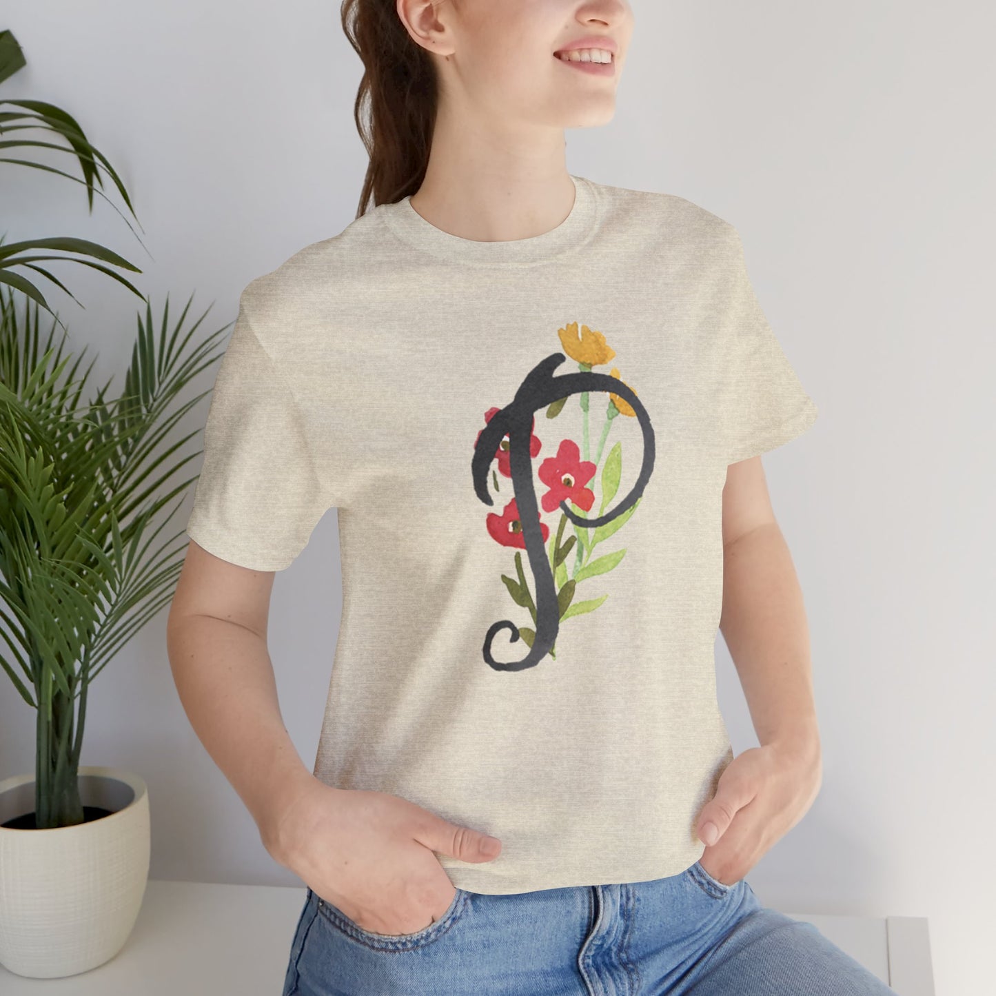 Clothing Stuff > Shirts & Tops > Unisex Jersey Tee Watercolor Flower Letter P T-Shirt – Garden Nerd Tee for Plant Moms