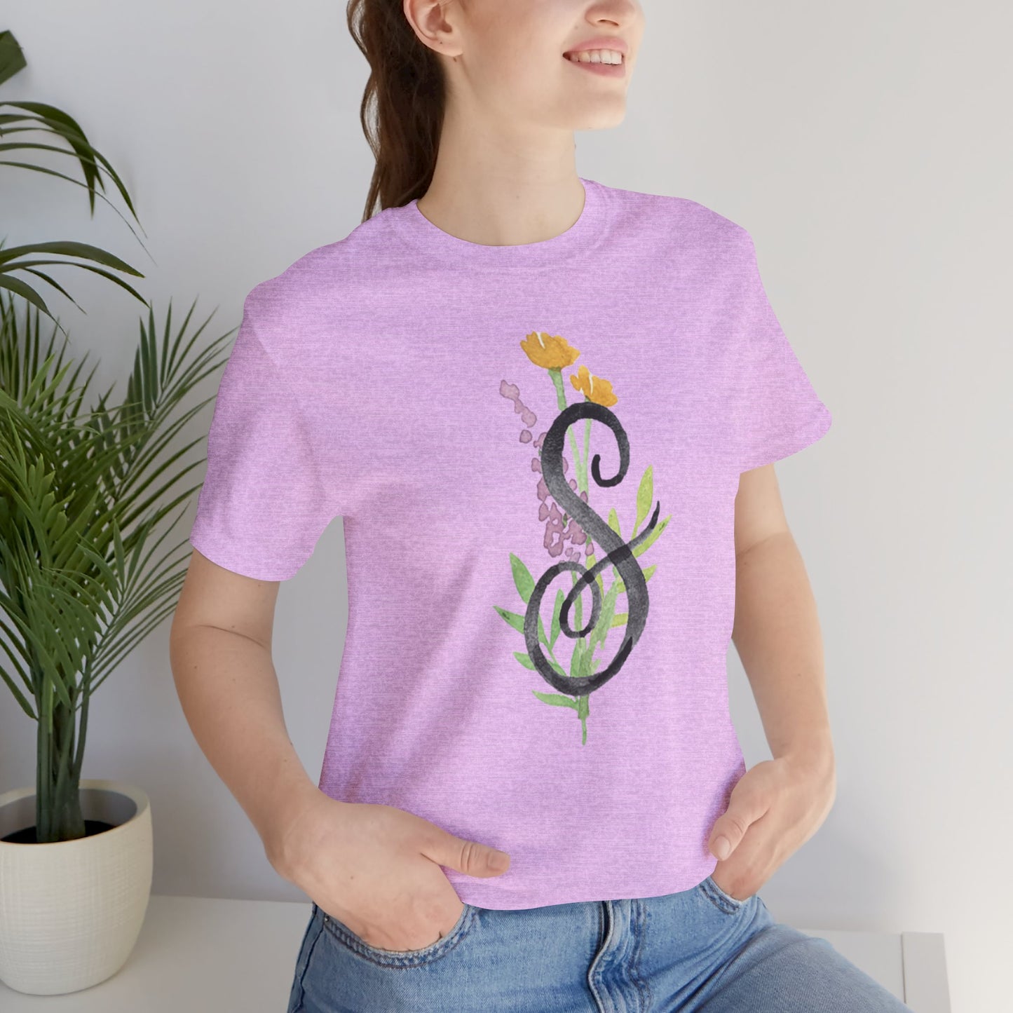 Clothing Stuff > Shirts & Tops > Unisex Jersey Tee Watercolor Flower Letter S T-Shirt – Garden Nerd Tee for Plant Moms