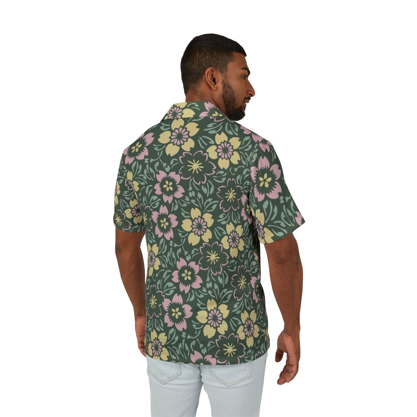 Clothing Stuff > Shirts & Tops > Hawaiian Camp Shirt Floral Camp Shirt | Retro Hawaiian Button-Down with Light Pink & Green Print