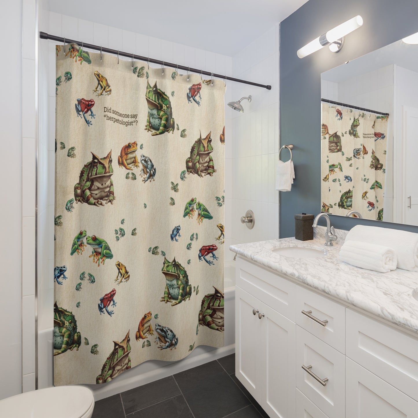 Frog Shower Curtain | “Did Someone Say Herpetologist?” | Nerdy Bathroom Decor