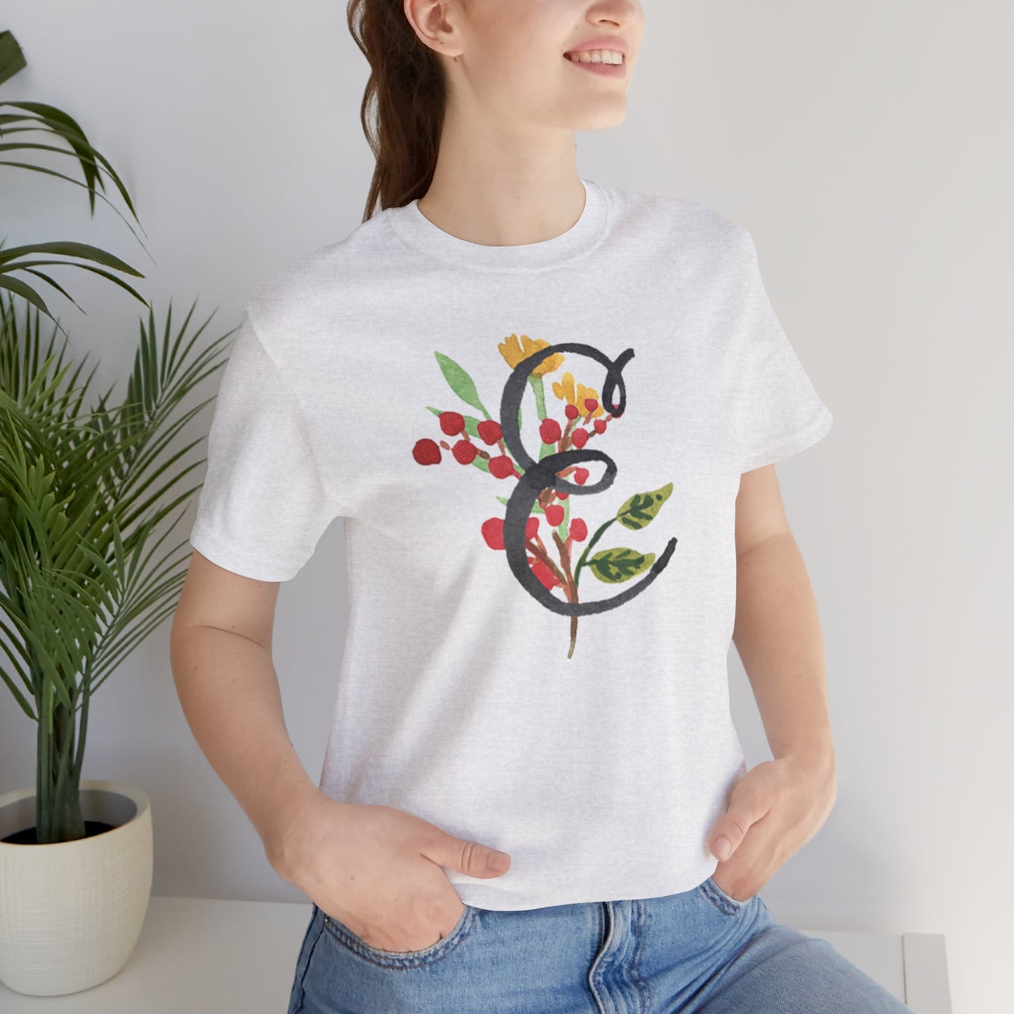 Clothing Stuff > Shirts & Tops > Unisex Jersey Tee Watercolor Flower Letter E T-Shirt – Garden Nerd Tee for Plant Moms