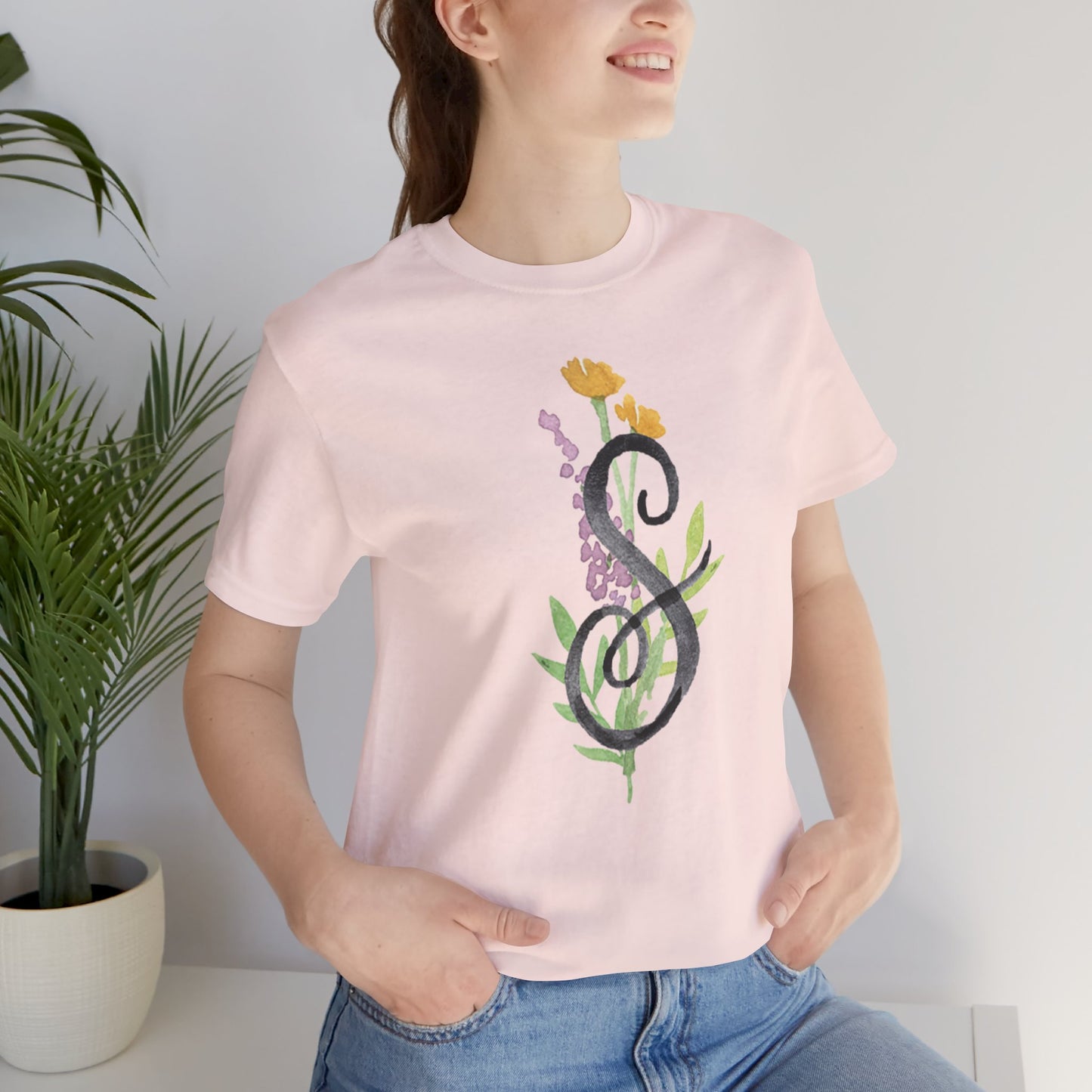 Clothing Stuff > Shirts & Tops > Unisex Jersey Tee Watercolor Flower Letter S T-Shirt – Garden Nerd Tee for Plant Moms