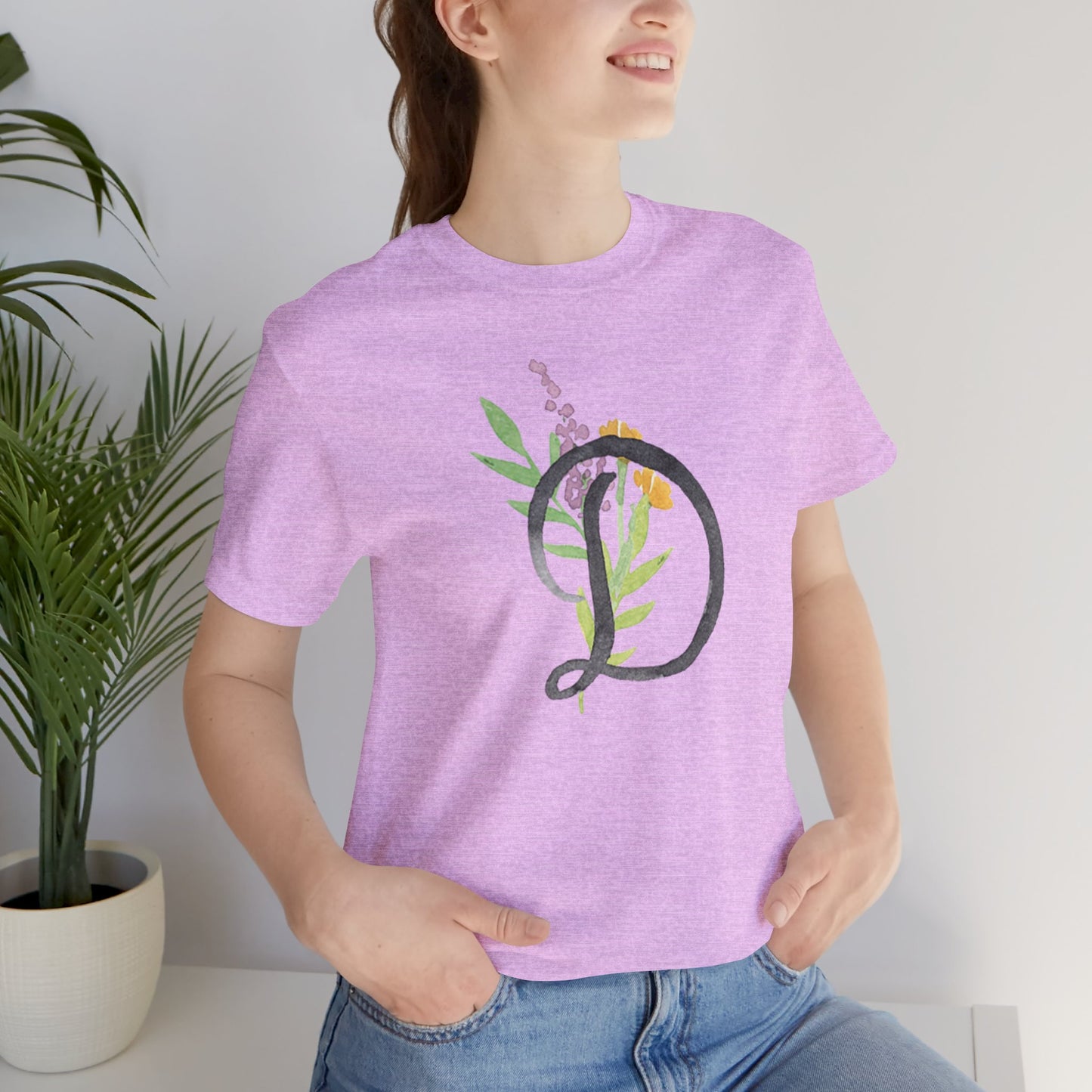 Clothing Stuff > Shirts & Tops > Unisex Jersey Tee Watercolor Flower Letter D T-Shirt – Garden Nerd Tee for Plant Moms