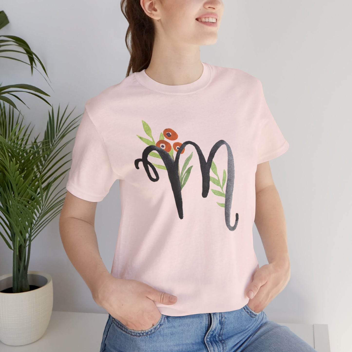 Clothing Stuff > Shirts & Tops > Unisex Jersey Tee Watercolor Flower Letter M T-Shirt – Garden Nerd Tee for Plant Moms
