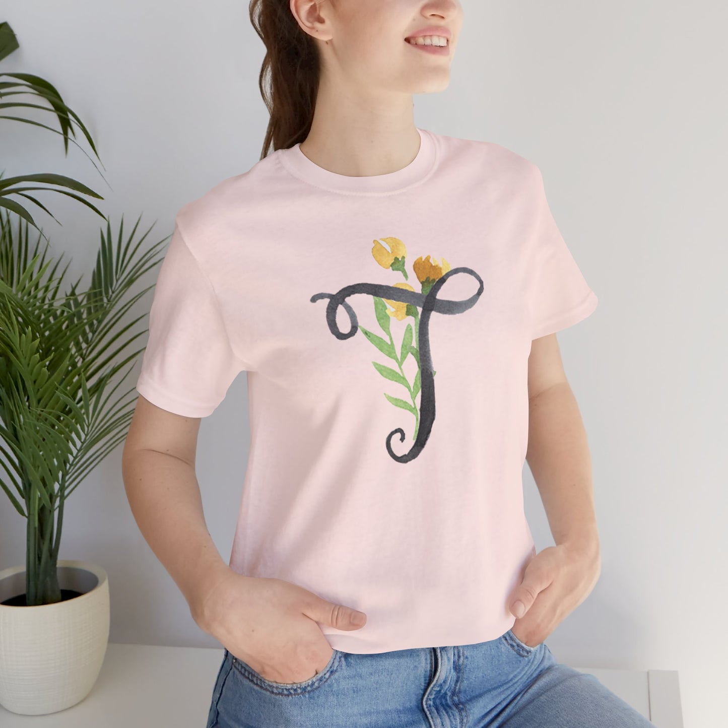 Clothing Stuff > Shirts & Tops > Unisex Jersey Tee Watercolor Flower Letter T T-Shirt – Garden Nerd Tee for Plant Moms