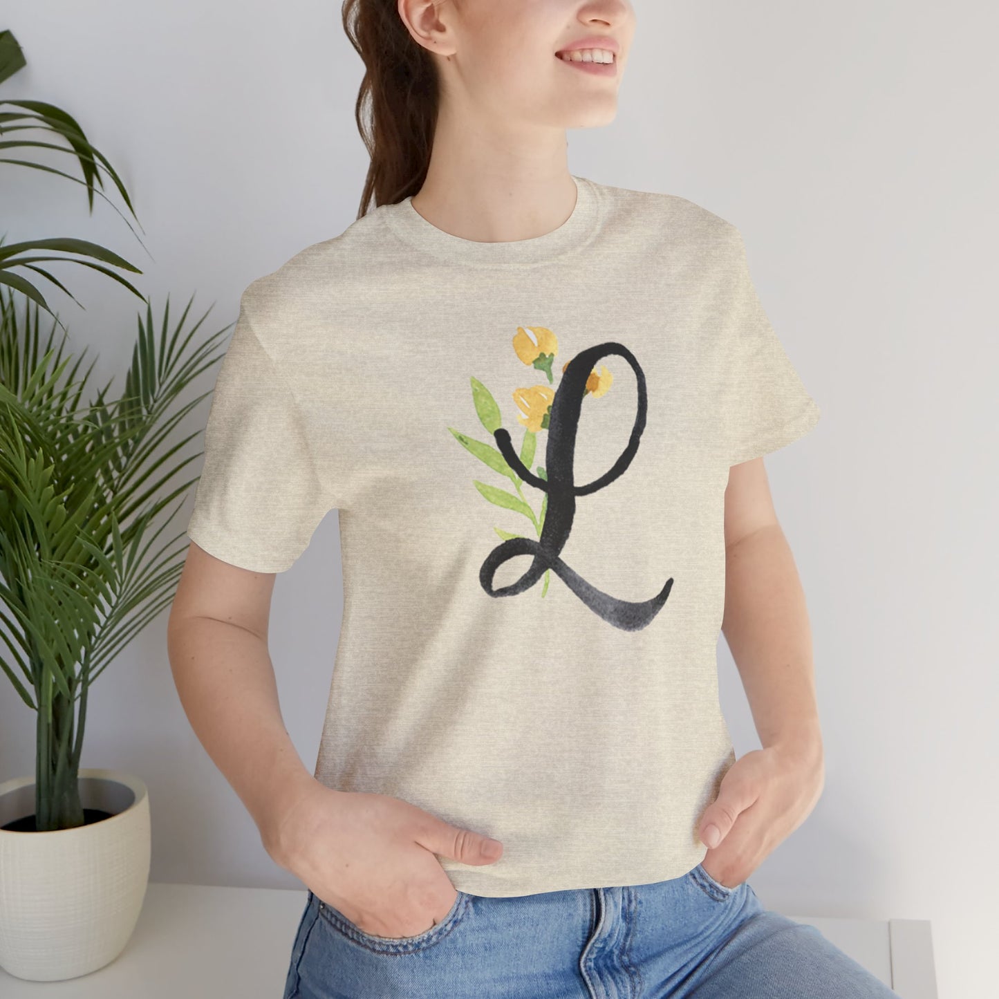 Clothing Stuff > Shirts & Tops > Unisex Jersey Tee Watercolor Flower Letter L T-Shirt – Garden Nerd Tee for Plant Moms