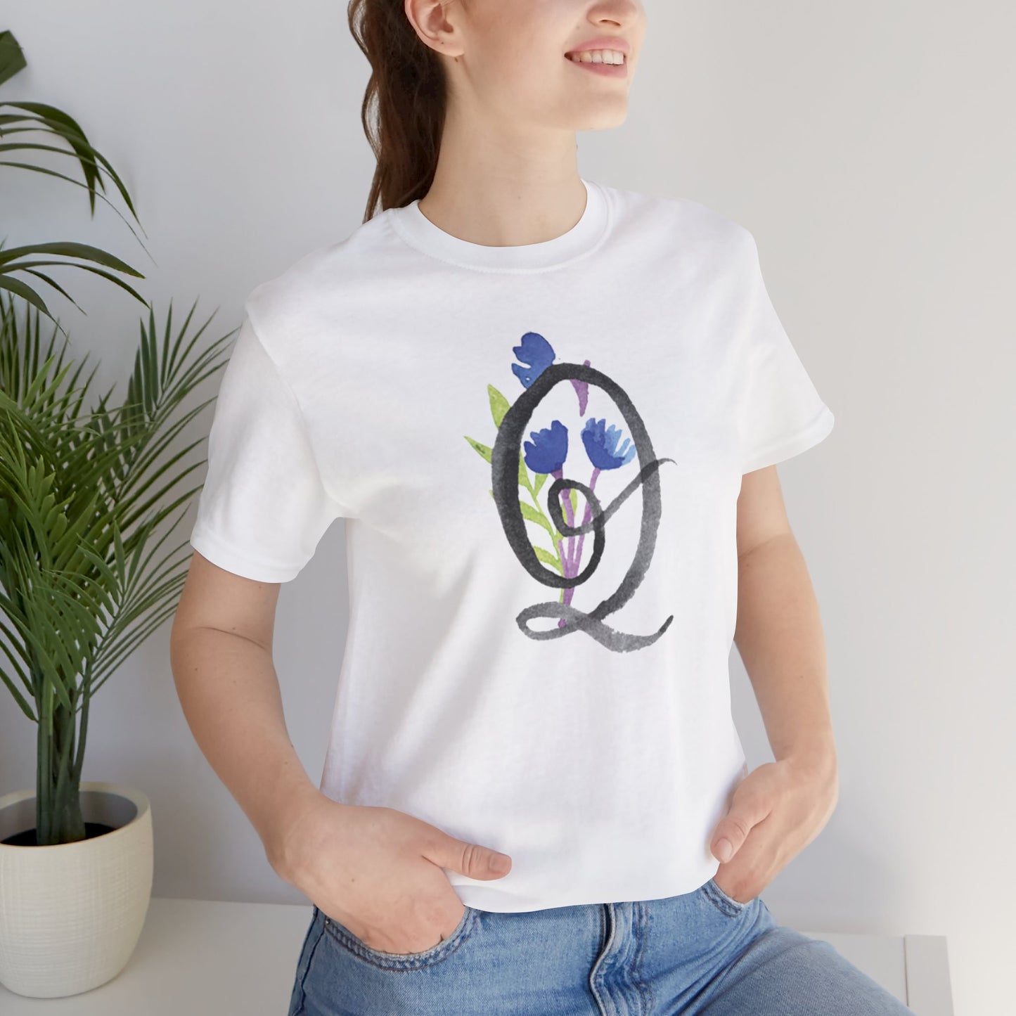 Clothing Stuff > Shirts & Tops > Unisex Jersey Tee Watercolor Flower Letter Q T-Shirt – Garden Nerd Tee for Plant Moms