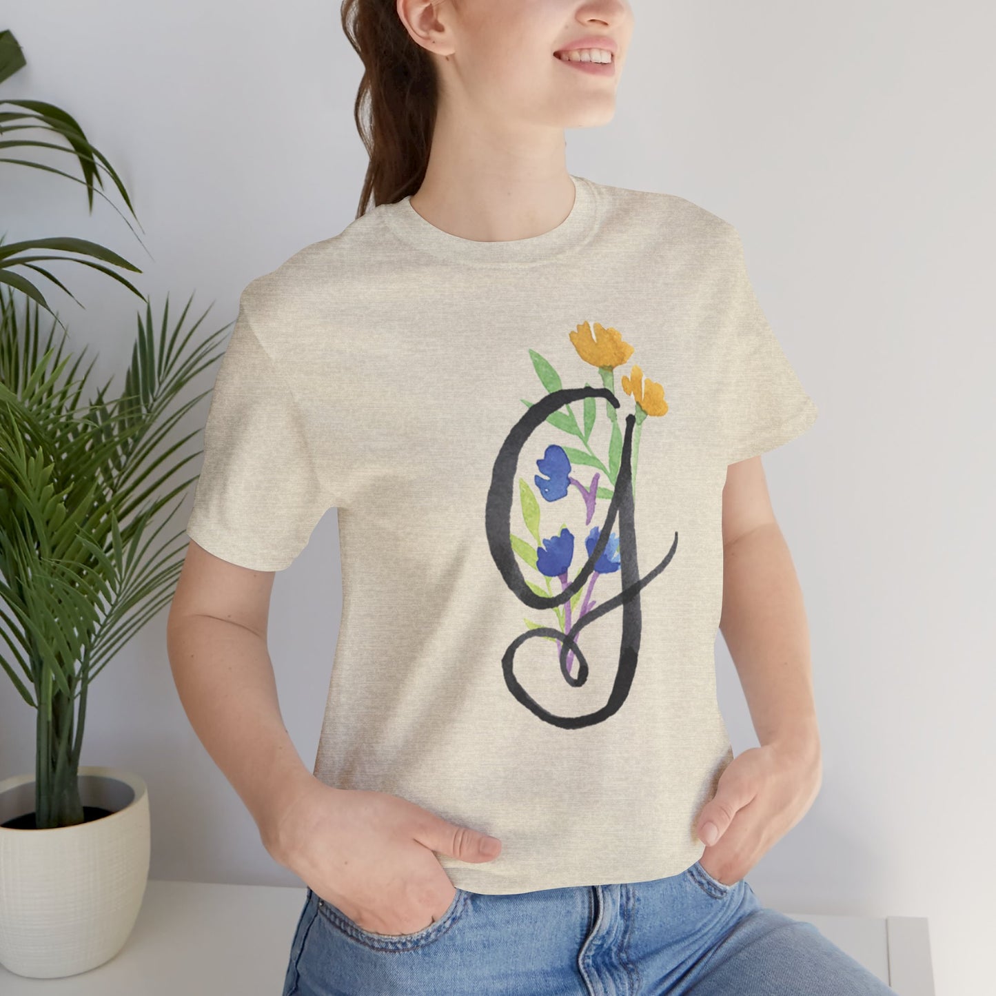 Clothing Stuff > Shirts & Tops > Unisex Jersey Tee Watercolor Flower Letter G T-Shirt – Garden Nerd Tee for Plant Moms