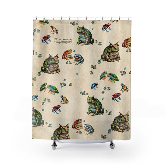 Frog Shower Curtain | “Did Someone Say Herpetologist?” | Nerdy Bathroom Decor