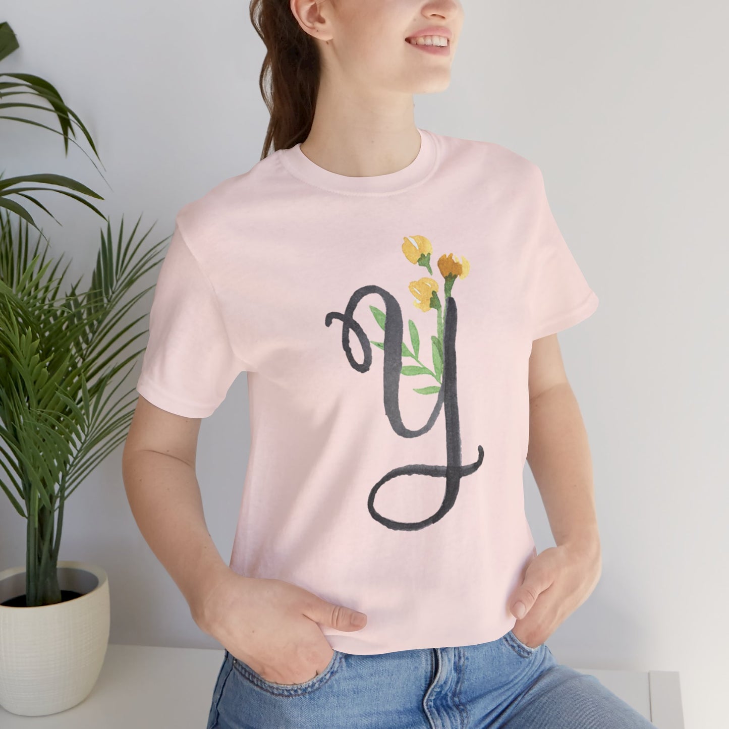 Clothing Stuff > Shirts & Tops > Unisex Jersey Tee Watercolor Flower Letter Y T-Shirt – Garden Nerd Tee for Plant Moms