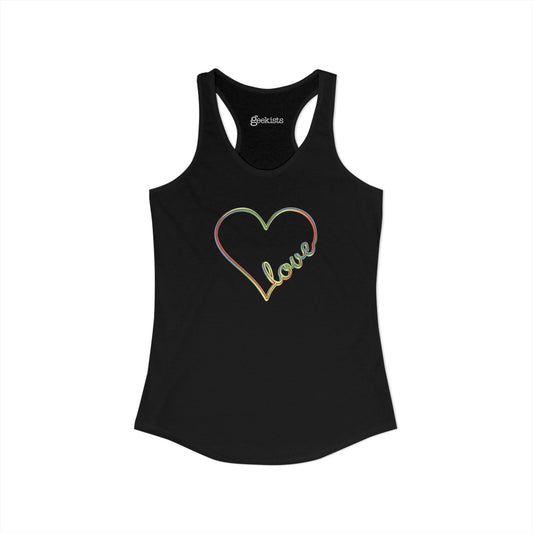 Women’s pastel heart racerback tank with rainbow love script, slim fit aesthetic Valentine’s activewear | variant
