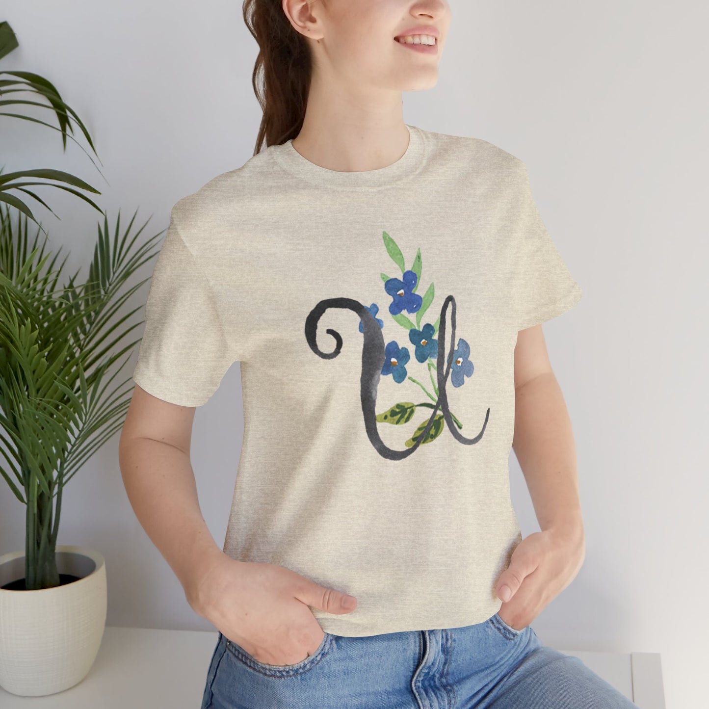 Clothing Stuff > Shirts & Tops > Unisex Jersey Tee Watercolor Flower Letter U T-Shirt – Garden Nerd Tee for Plant Moms
