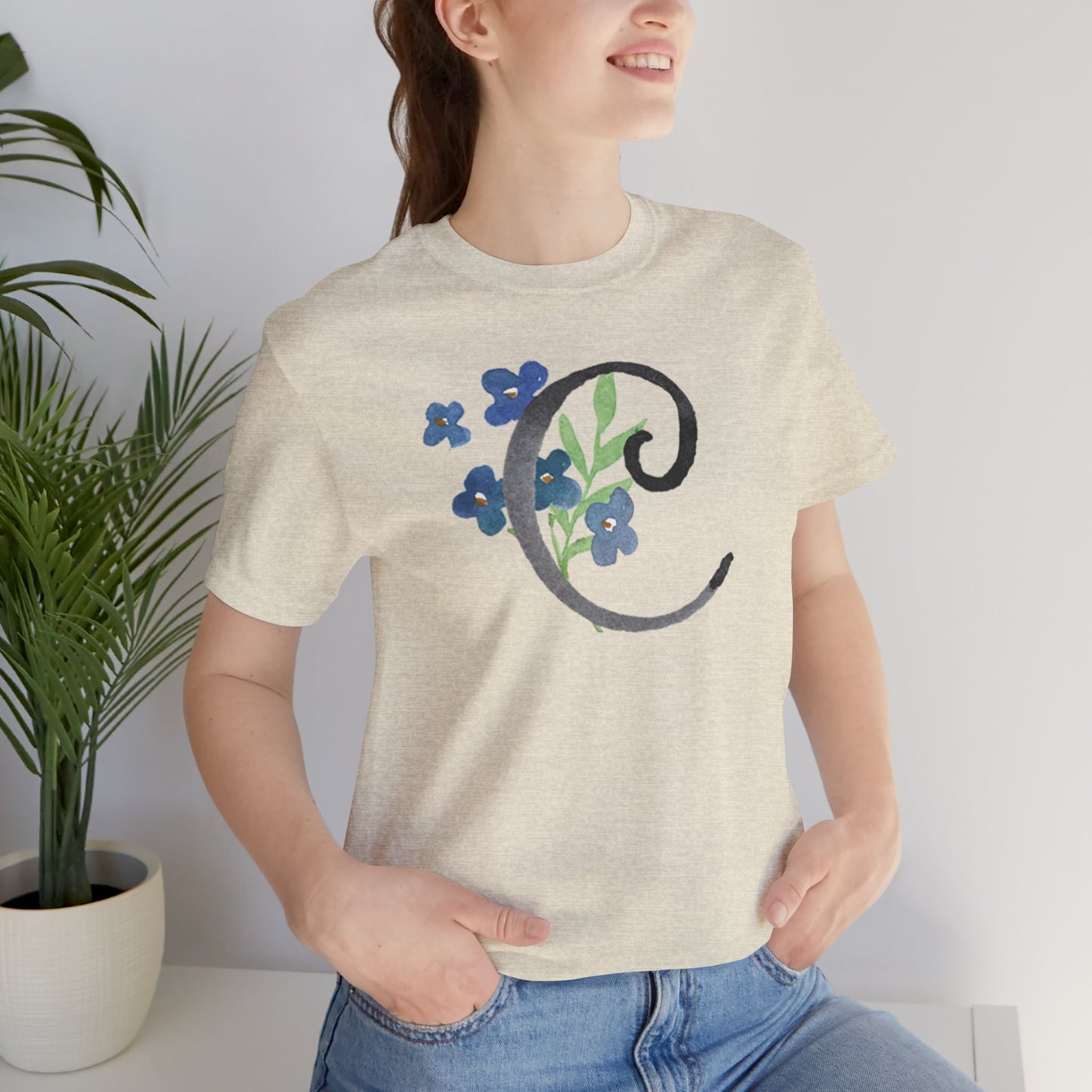Clothing Stuff > Shirts & Tops > Unisex Jersey Tee Watercolor Flower Letter C T-Shirt – Garden Nerd Tee for Plant Moms