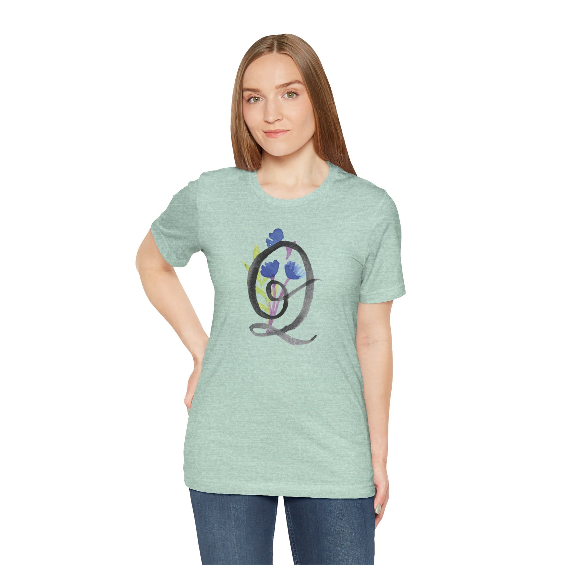 Clothing Stuff > Shirts & Tops > Unisex Jersey Tee Watercolor Flower Letter Q T-Shirt – Garden Nerd Tee for Plant Moms
