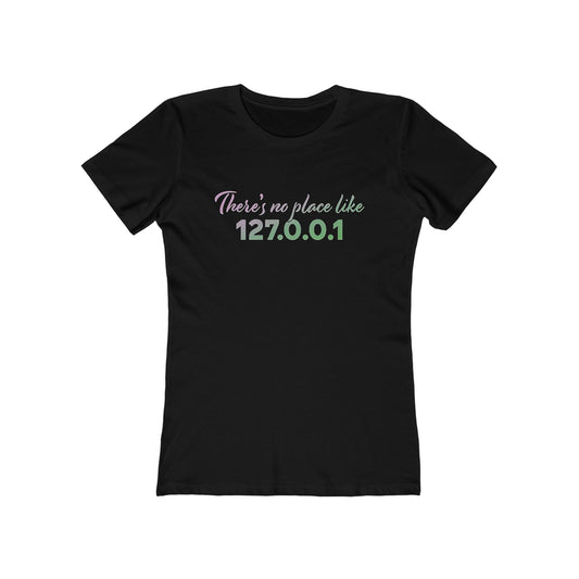 Women’s slim fit t-shirt with “127.0.0.1” localhost design, funny tech shirt for female coders and developers | closeup