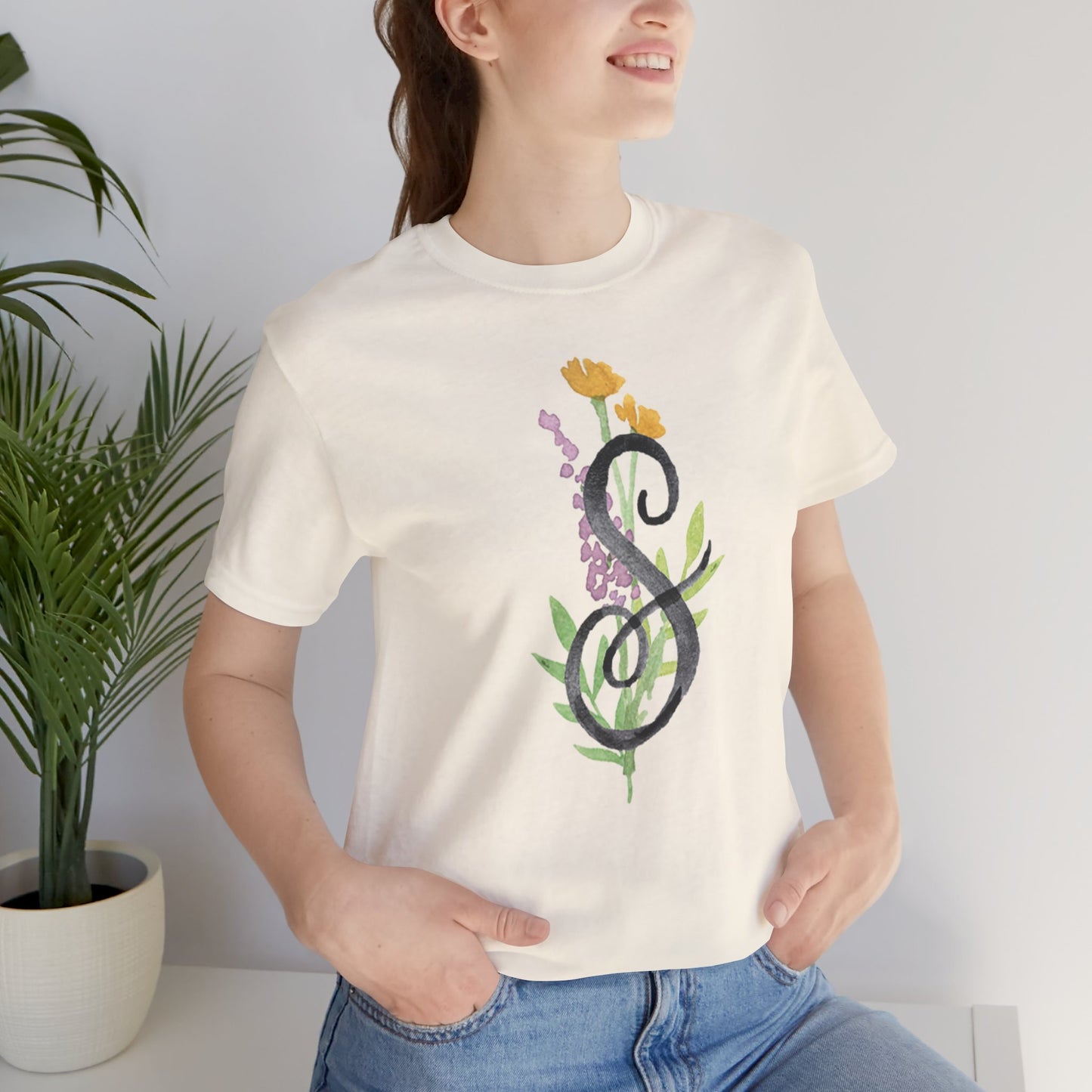 Clothing Stuff > Shirts & Tops > Unisex Jersey Tee Watercolor Flower Letter S T-Shirt – Garden Nerd Tee for Plant Moms