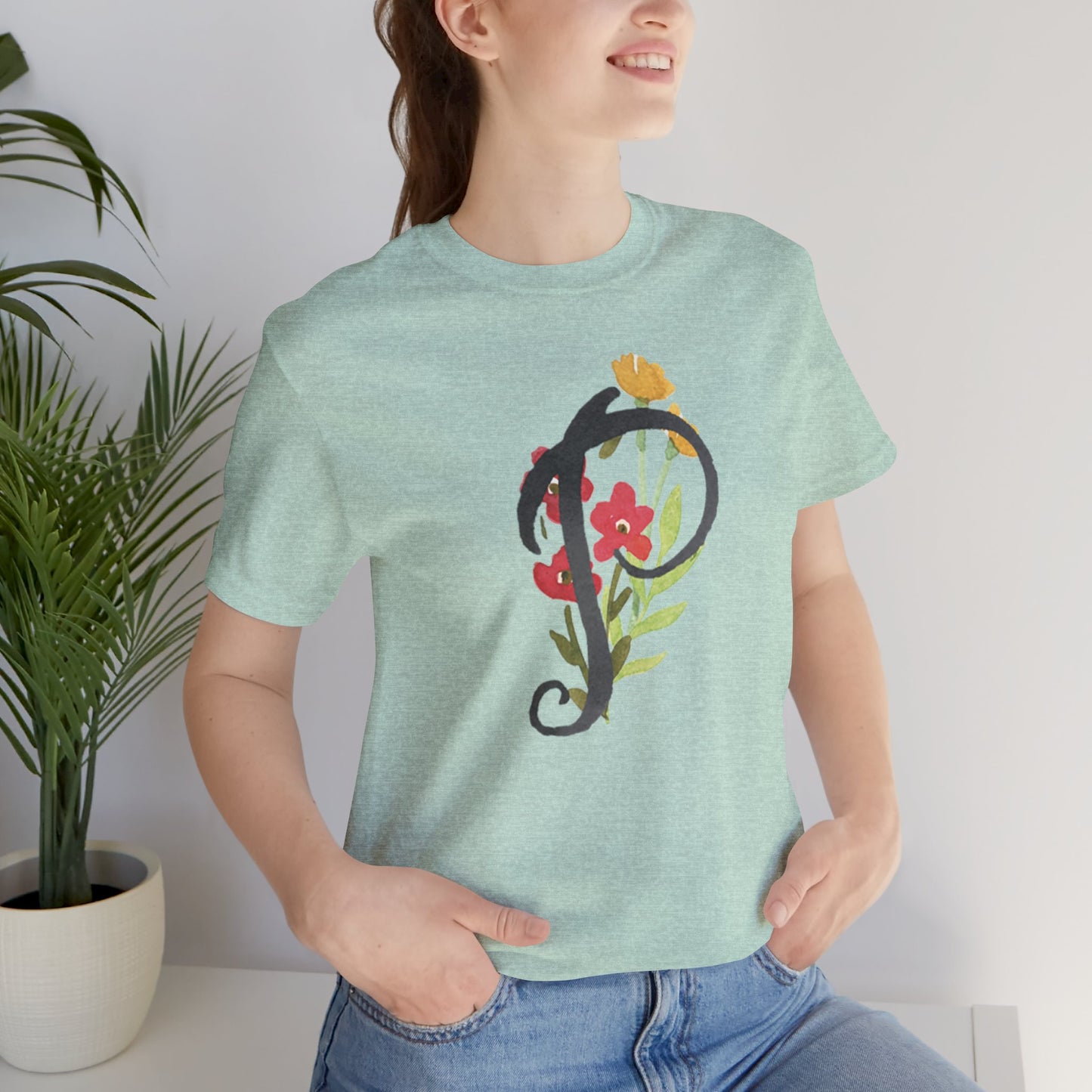 Clothing Stuff > Shirts & Tops > Unisex Jersey Tee Watercolor Flower Letter P T-Shirt – Garden Nerd Tee for Plant Moms