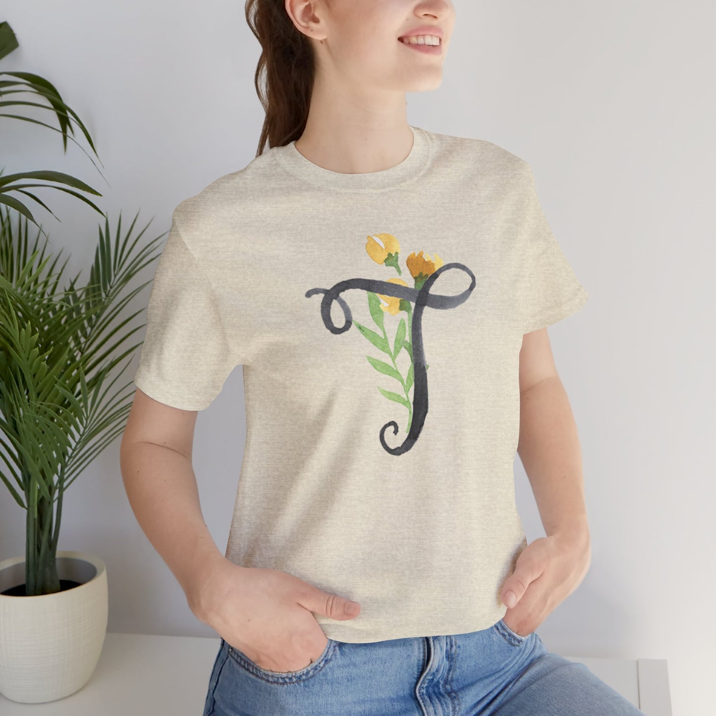 Clothing Stuff > Shirts & Tops > Unisex Jersey Tee Watercolor Flower Letter T T-Shirt – Garden Nerd Tee for Plant Moms