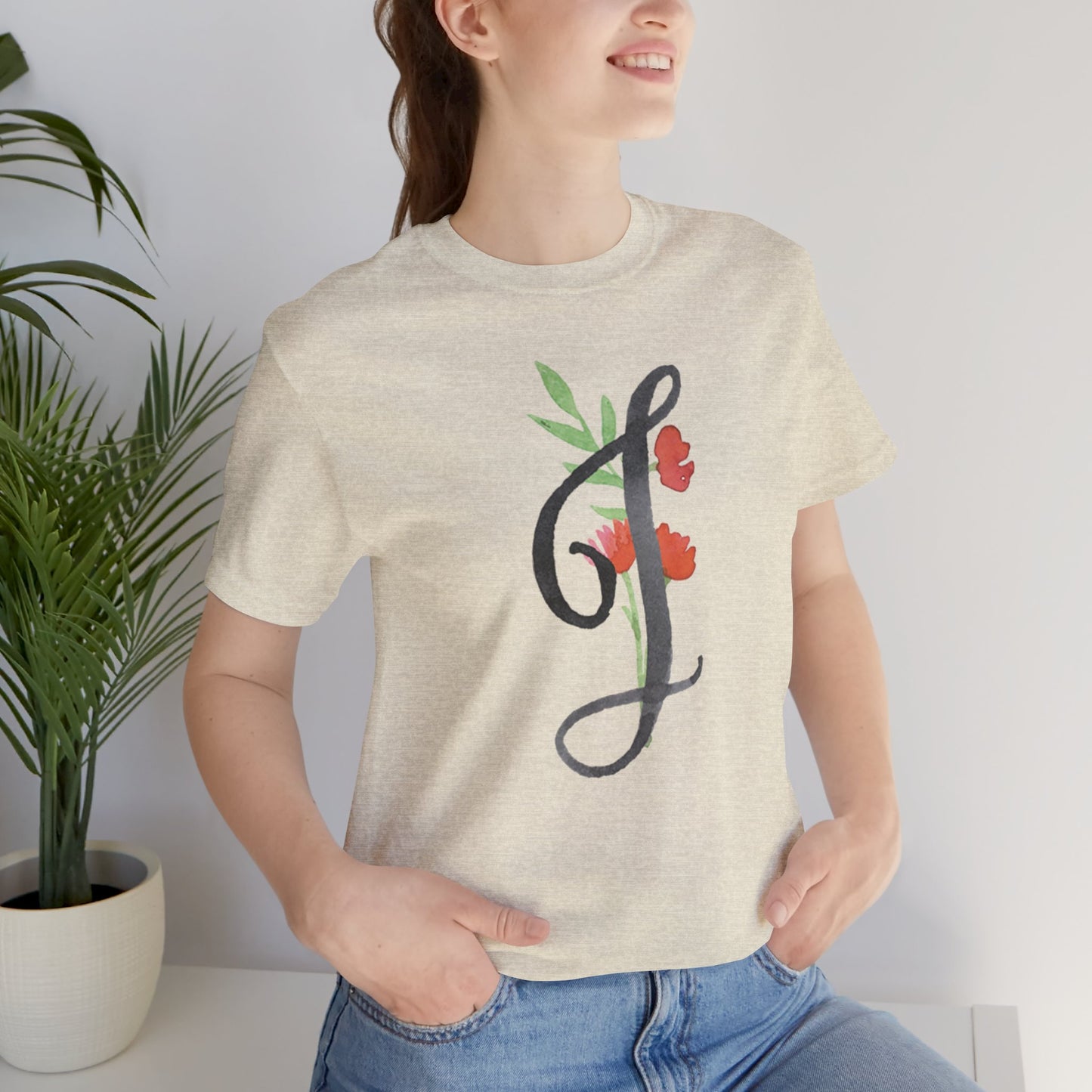 Clothing Stuff > Shirts & Tops > Unisex Jersey Tee Watercolor Flower Letter J T-Shirt – Garden Nerd Tee for Plant Moms