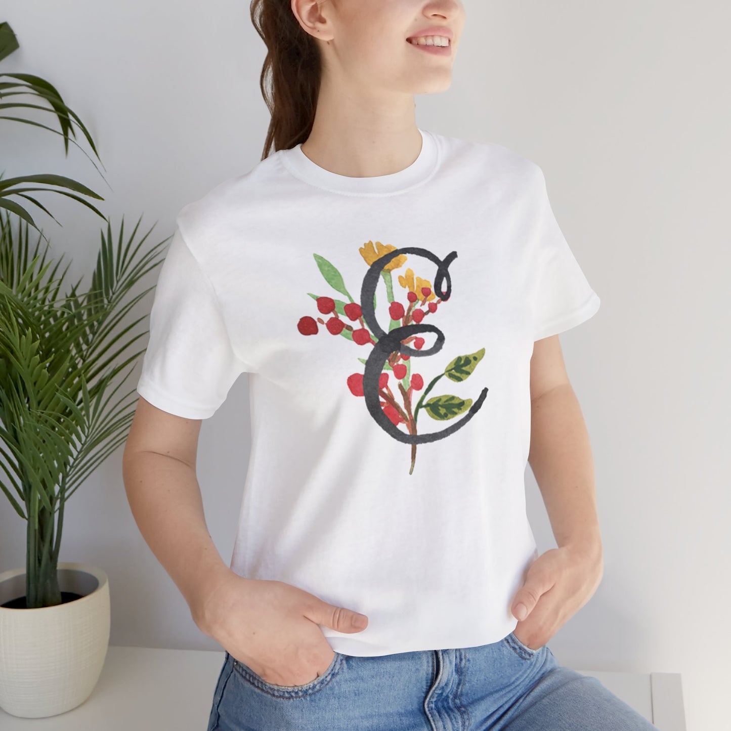 Clothing Stuff > Shirts & Tops > Unisex Jersey Tee Watercolor Flower Letter E T-Shirt – Garden Nerd Tee for Plant Moms