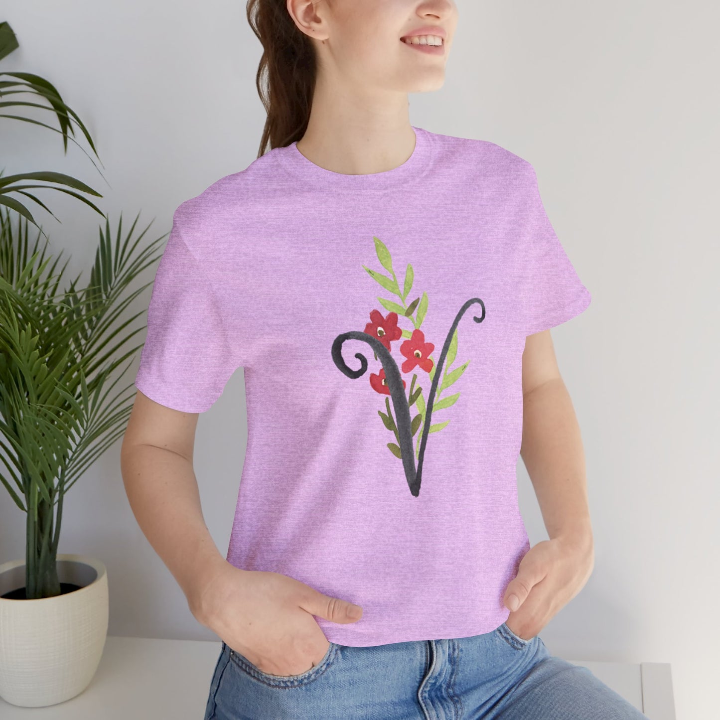 Clothing Stuff > Shirts & Tops > Unisex Jersey Tee Watercolor Flower Letter V T-Shirt – Garden Nerd Tee for Plant Moms