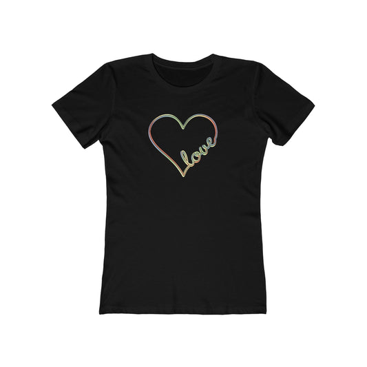 Women’s pastel heart shirt with rainbow love script in slim fit, cute aesthetic valentine’s tee | variant
