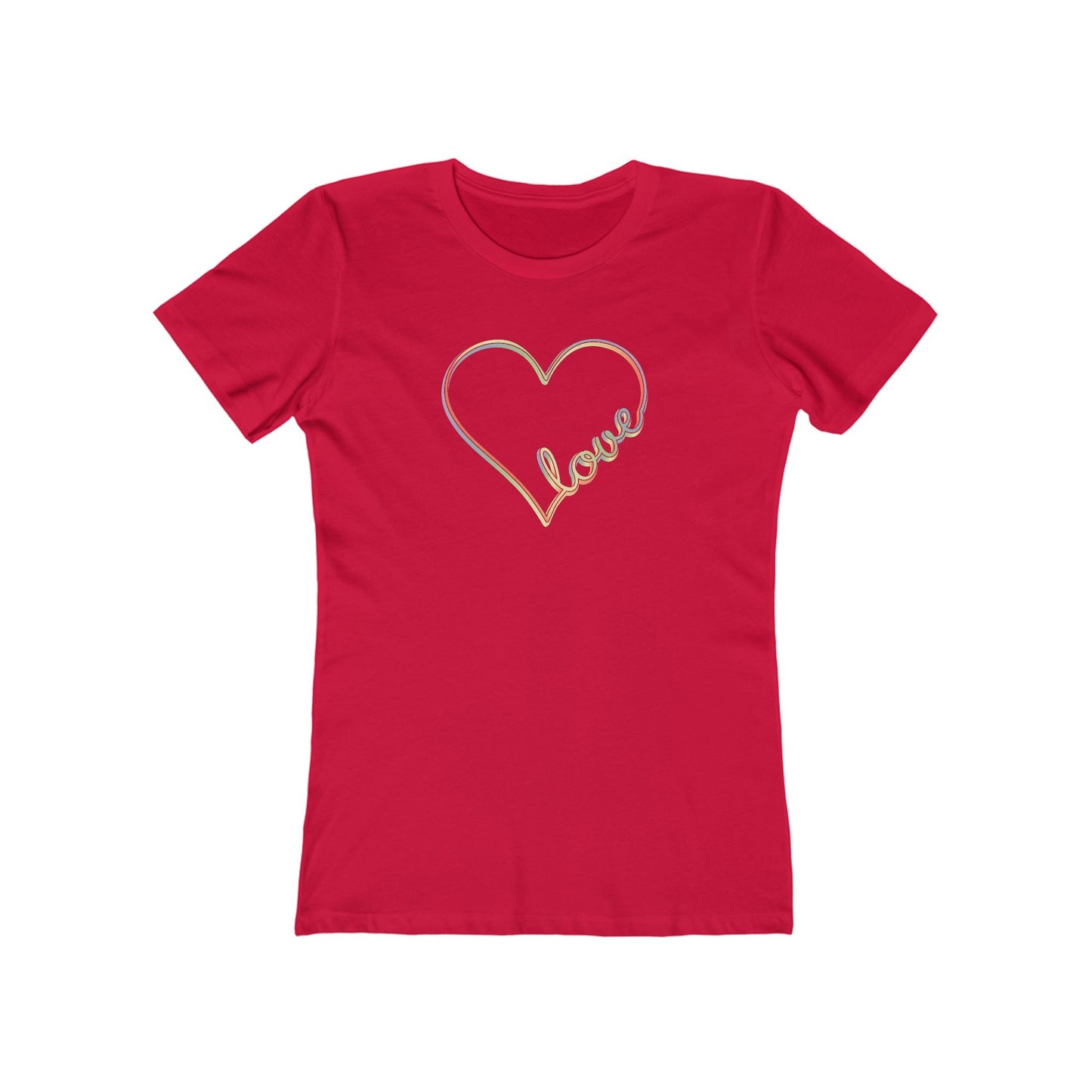 Women’s pastel heart shirt with rainbow love script in slim fit, cute aesthetic valentine’s tee | variant