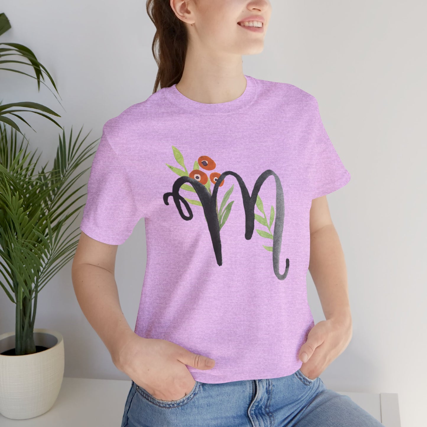 Clothing Stuff > Shirts & Tops > Unisex Jersey Tee Watercolor Flower Letter M T-Shirt – Garden Nerd Tee for Plant Moms