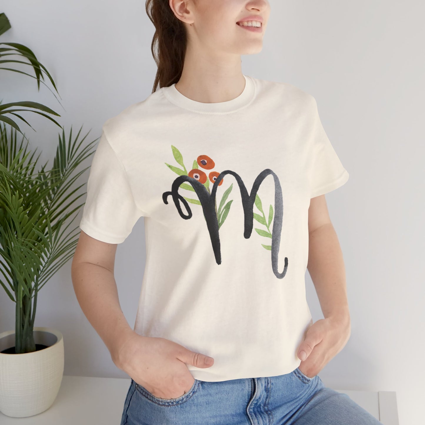 Clothing Stuff > Shirts & Tops > Unisex Jersey Tee Watercolor Flower Letter M T-Shirt – Garden Nerd Tee for Plant Moms