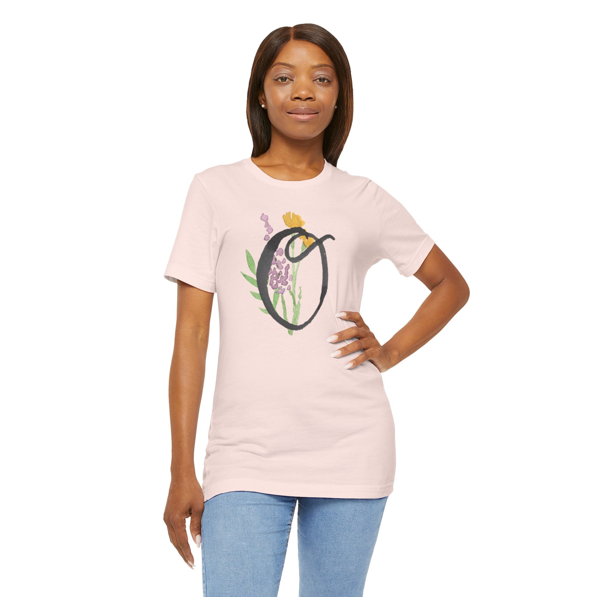 Clothing Stuff > Shirts & Tops > Unisex Jersey Tee Watercolor Flower Letter O T-Shirt – Garden Nerd Tee for Plant Moms
