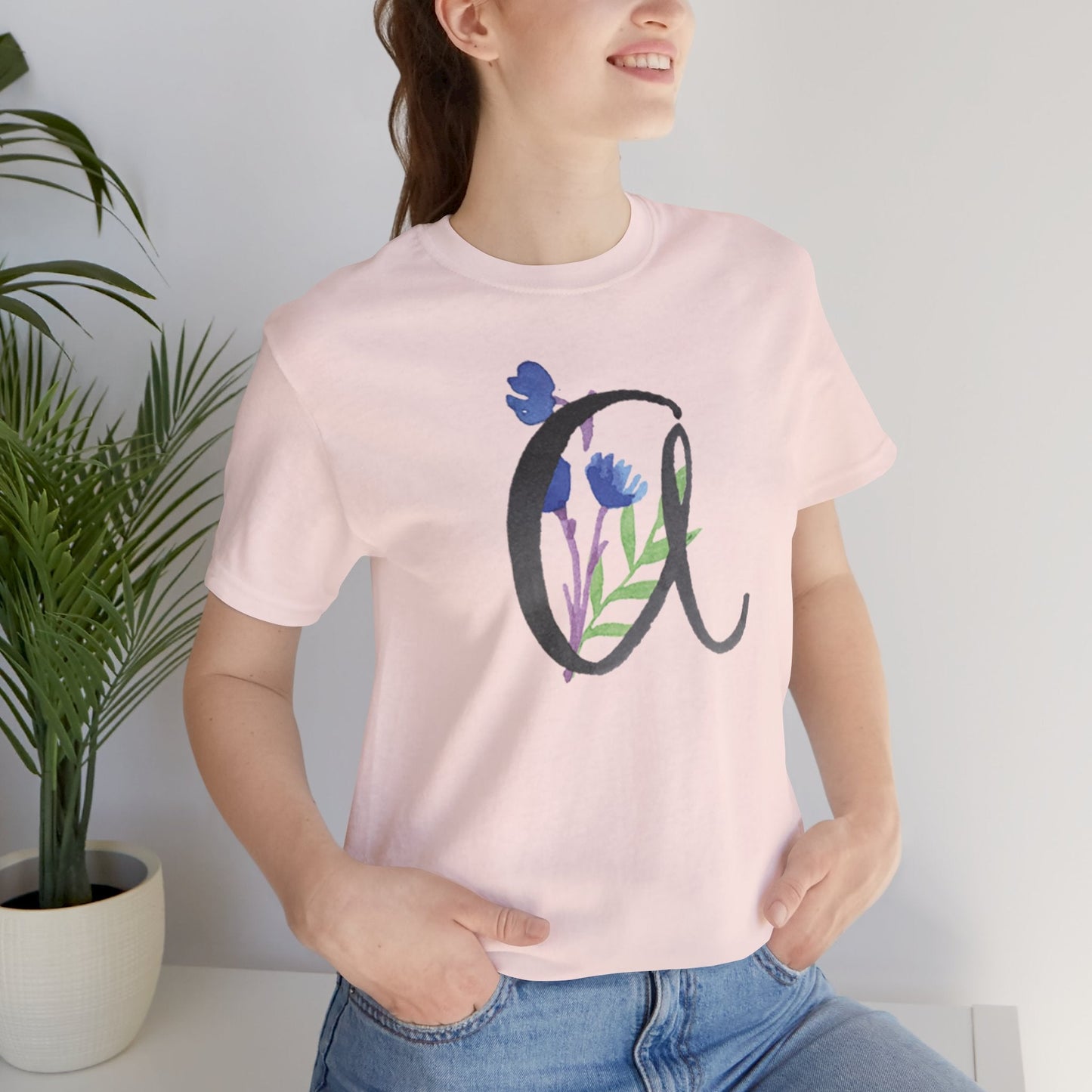 Clothing Stuff > Shirts & Tops > Unisex Jersey Tee Watercolor Flower Letter A T-Shirt – Garden Nerd Tee for Plant Moms