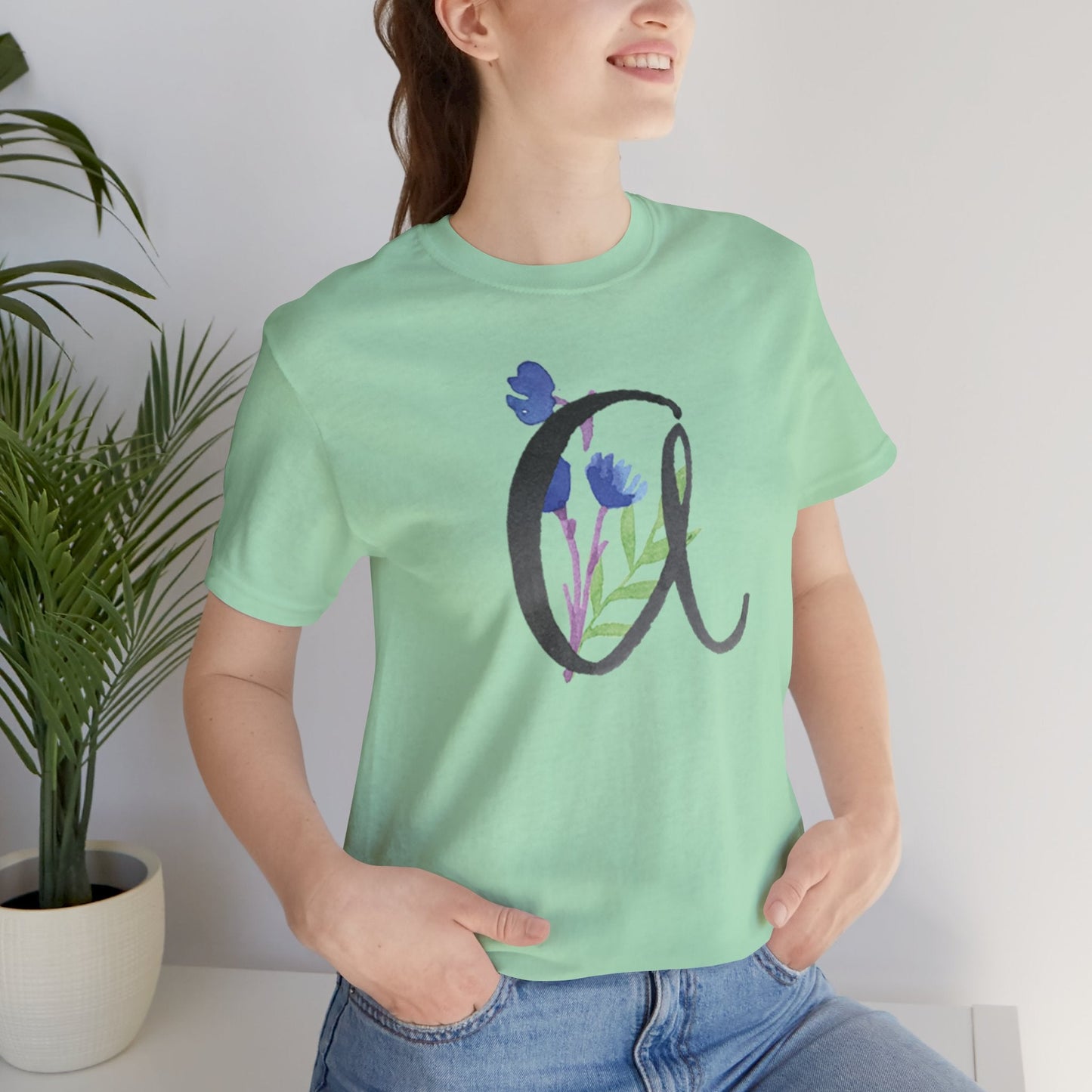 Clothing Stuff > Shirts & Tops > Unisex Jersey Tee Watercolor Flower Letter A T-Shirt – Garden Nerd Tee for Plant Moms