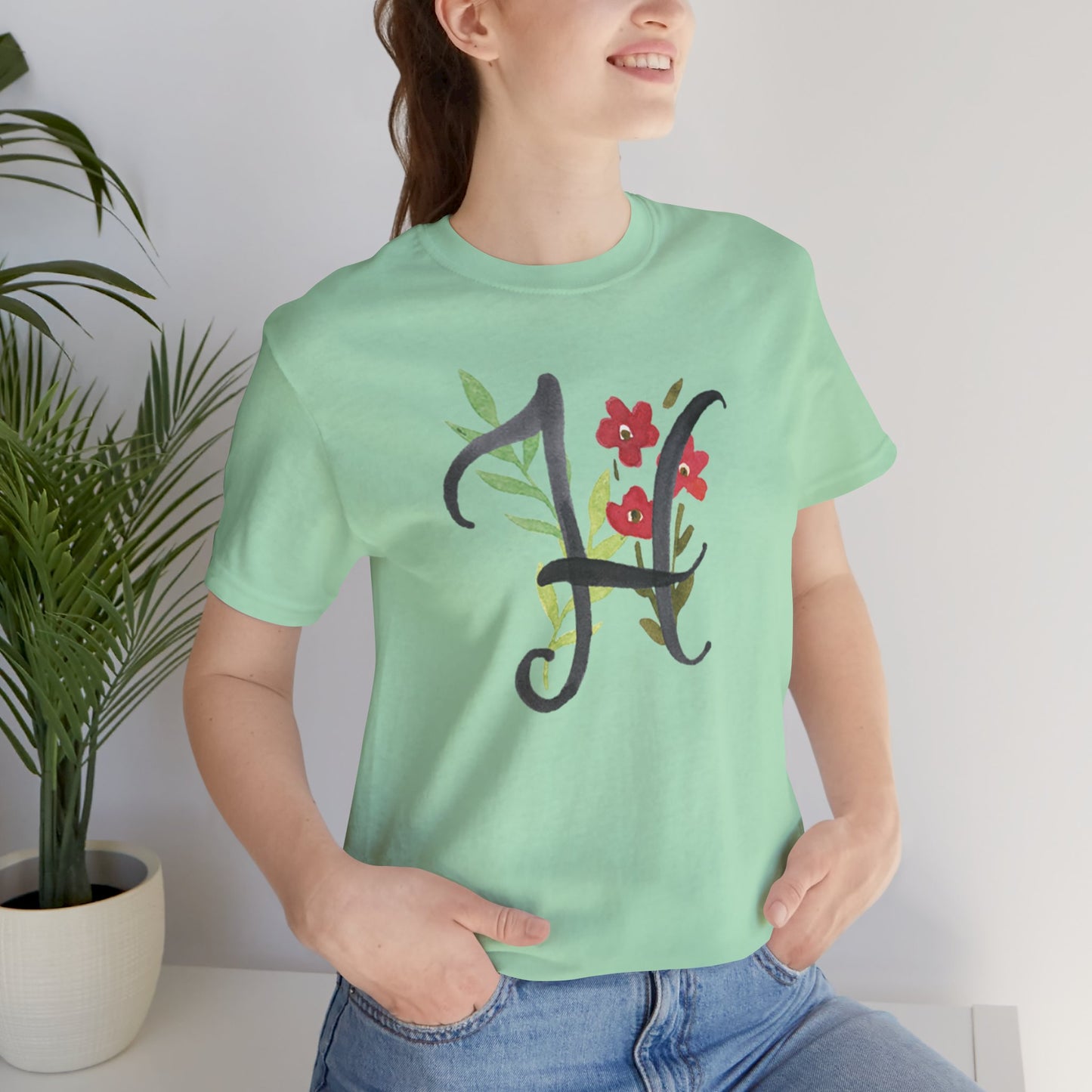 Clothing Stuff > Shirts & Tops > Unisex Jersey Tee Watercolor Flower Letter H T-Shirt – Garden Nerd Tee for Plant Moms