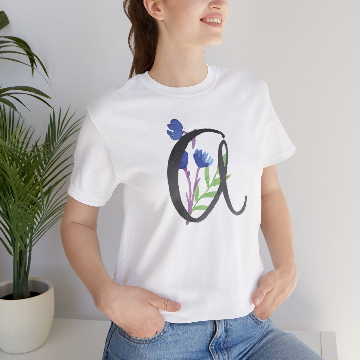 Clothing Stuff > Shirts & Tops > Unisex Jersey Tee Watercolor Flower Letter A T-Shirt – Garden Nerd Tee for Plant Moms