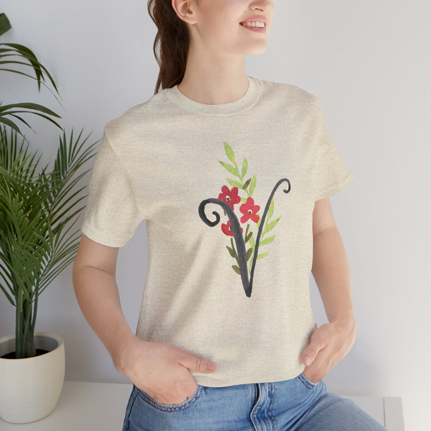 Clothing Stuff > Shirts & Tops > Unisex Jersey Tee Watercolor Flower Letter V T-Shirt – Garden Nerd Tee for Plant Moms
