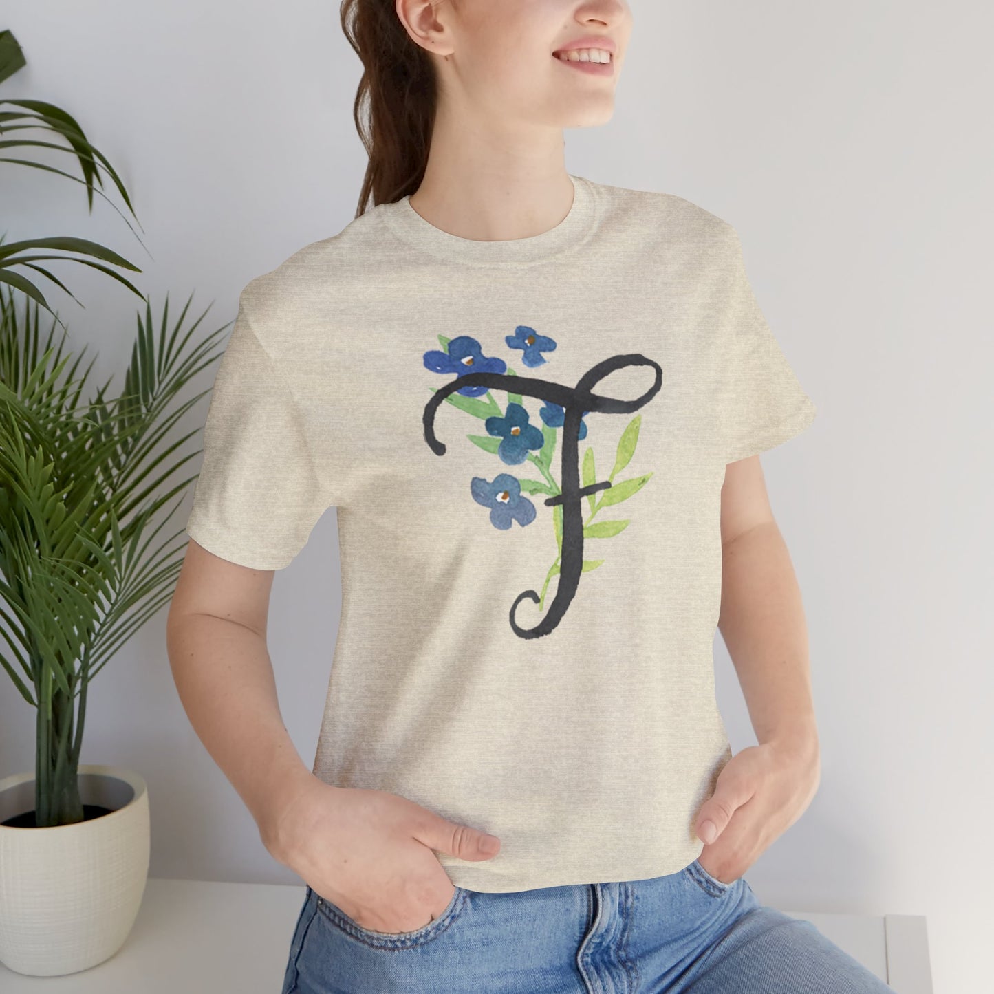 Clothing Stuff > Shirts & Tops > Unisex Jersey Tee Watercolor Flower Letter F T-Shirt – Garden Nerd Tee for Plant Moms