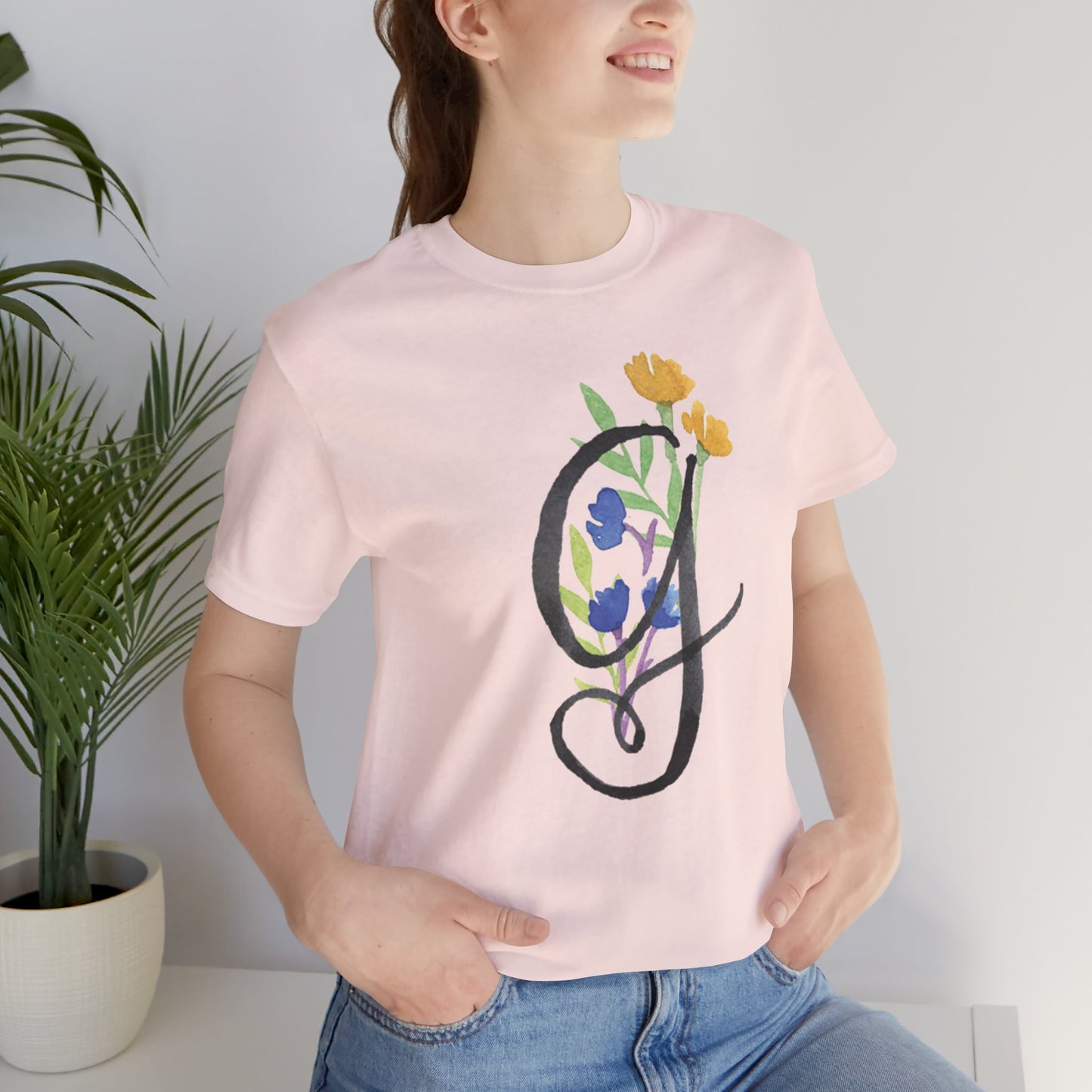 Clothing Stuff > Shirts & Tops > Unisex Jersey Tee Watercolor Flower Letter G T-Shirt – Garden Nerd Tee for Plant Moms