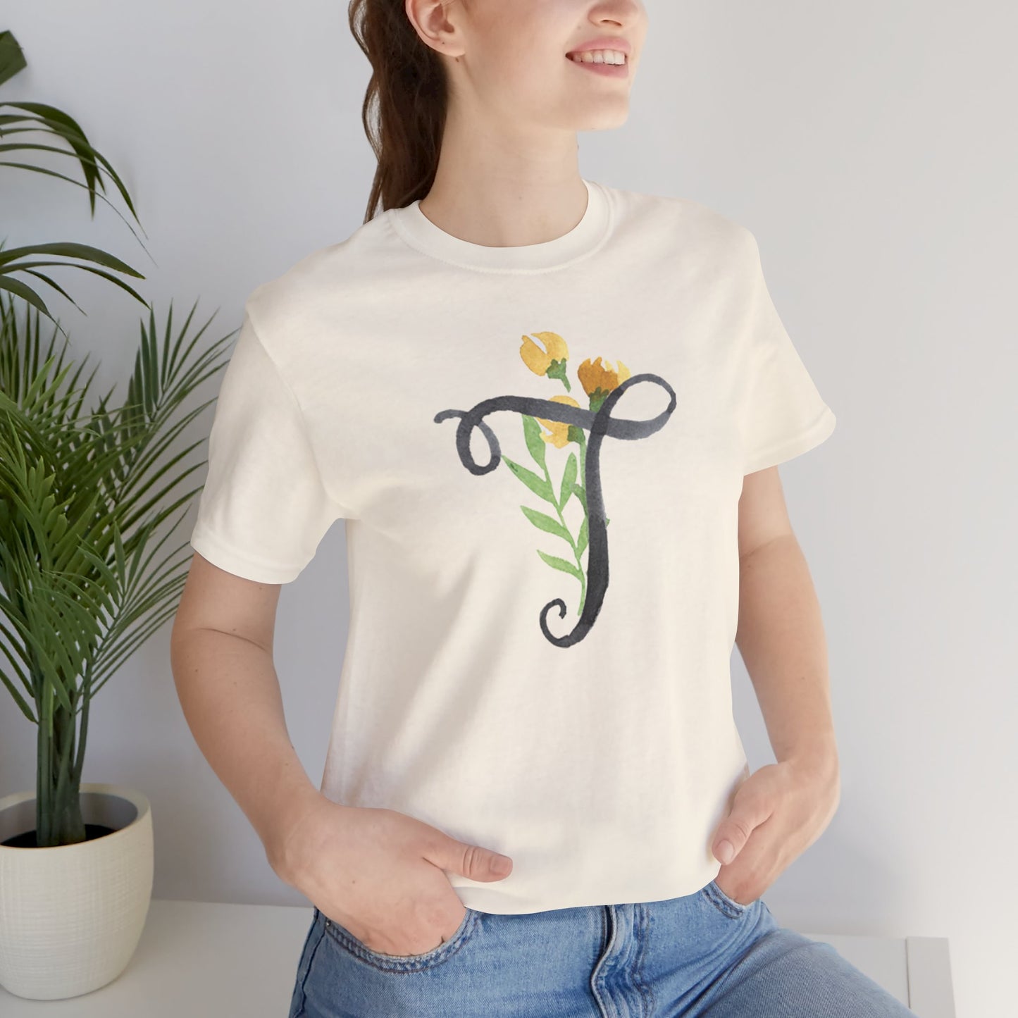 Clothing Stuff > Shirts & Tops > Unisex Jersey Tee Watercolor Flower Letter T T-Shirt – Garden Nerd Tee for Plant Moms