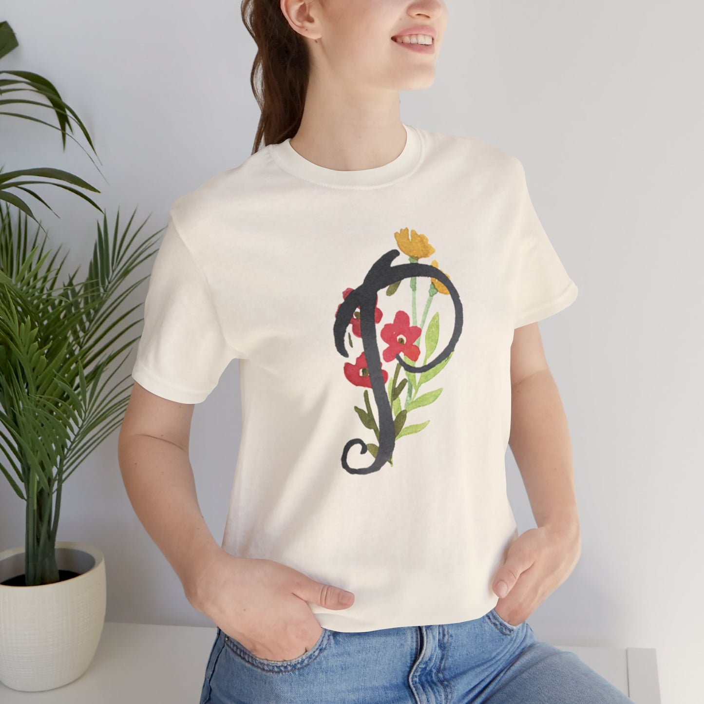 Clothing Stuff > Shirts & Tops > Unisex Jersey Tee Watercolor Flower Letter P T-Shirt – Garden Nerd Tee for Plant Moms