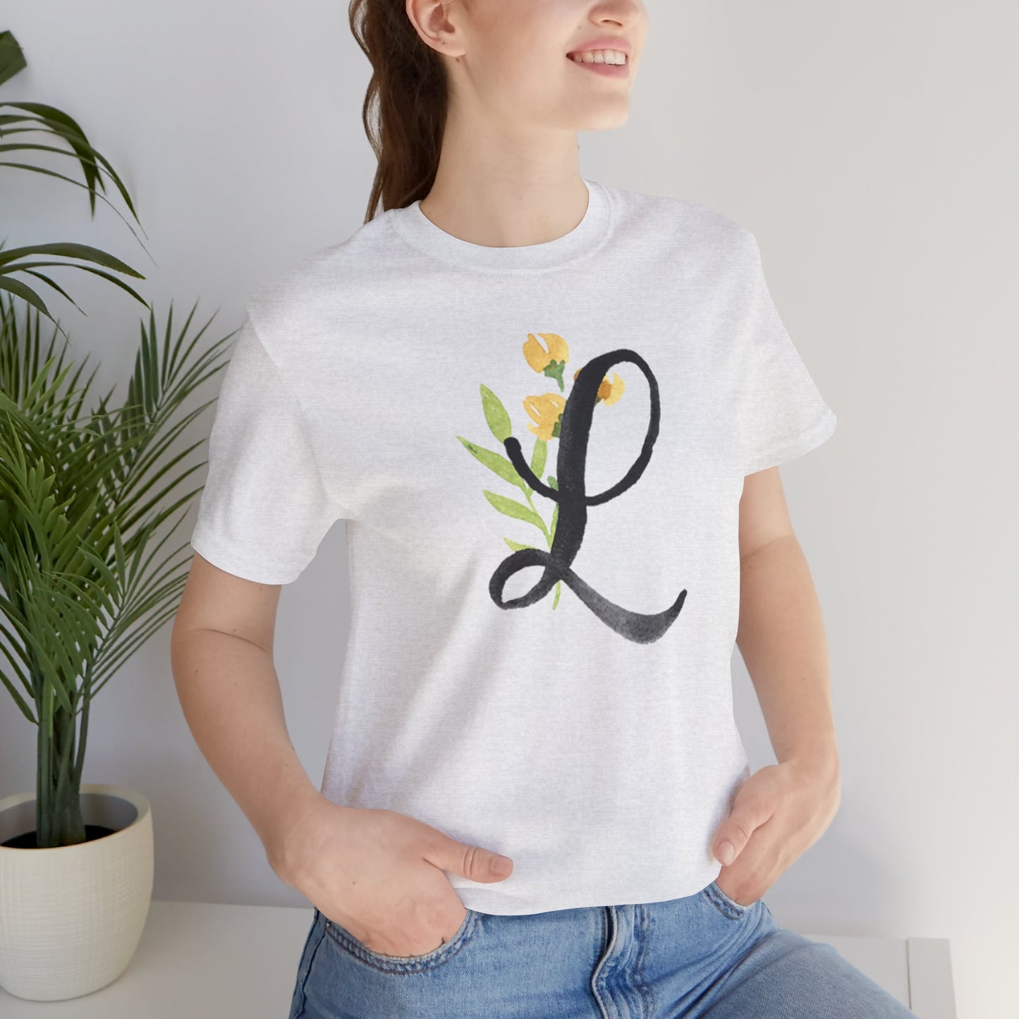 Clothing Stuff > Shirts & Tops > Unisex Jersey Tee Watercolor Flower Letter L T-Shirt – Garden Nerd Tee for Plant Moms