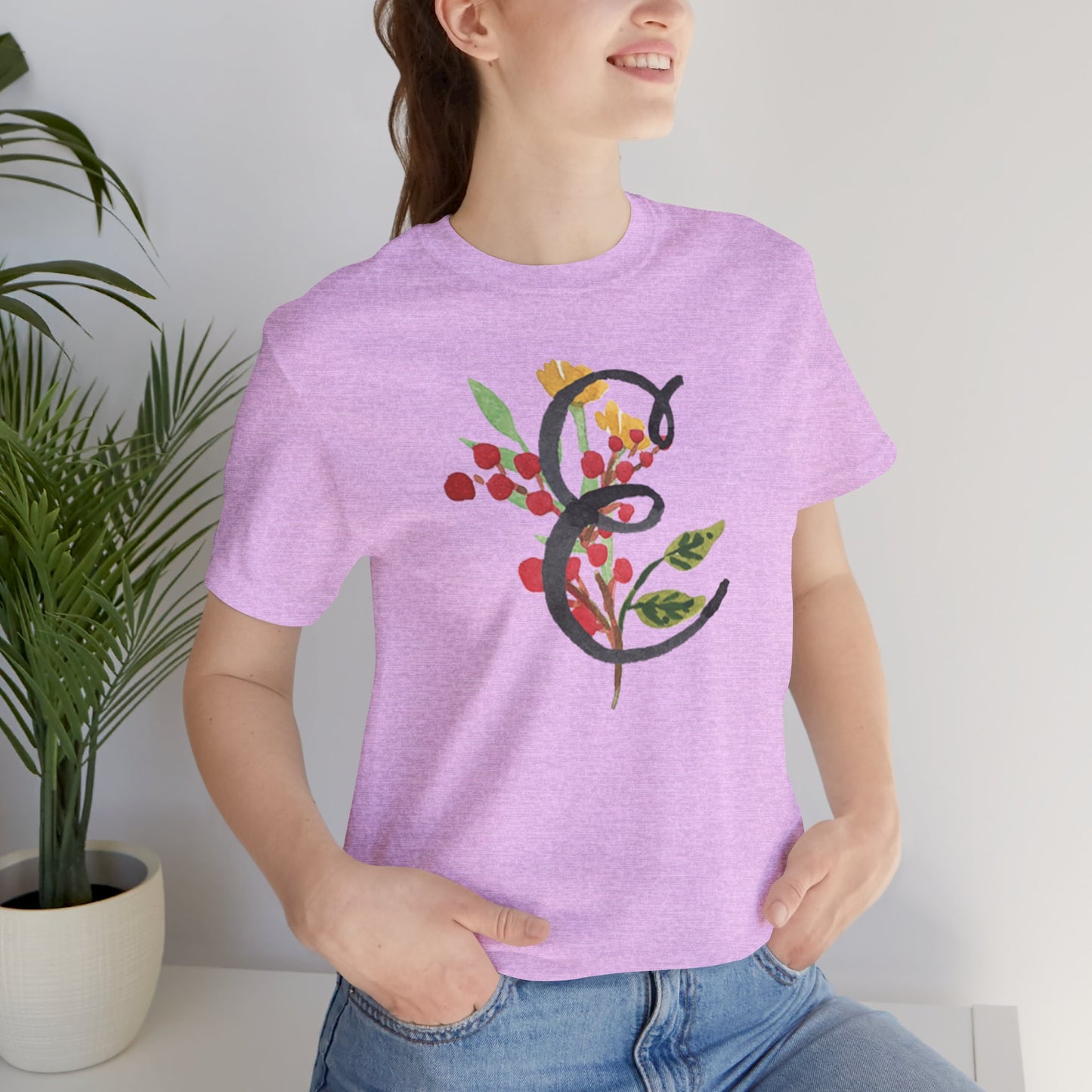 Clothing Stuff > Shirts & Tops > Unisex Jersey Tee Watercolor Flower Letter E T-Shirt – Garden Nerd Tee for Plant Moms