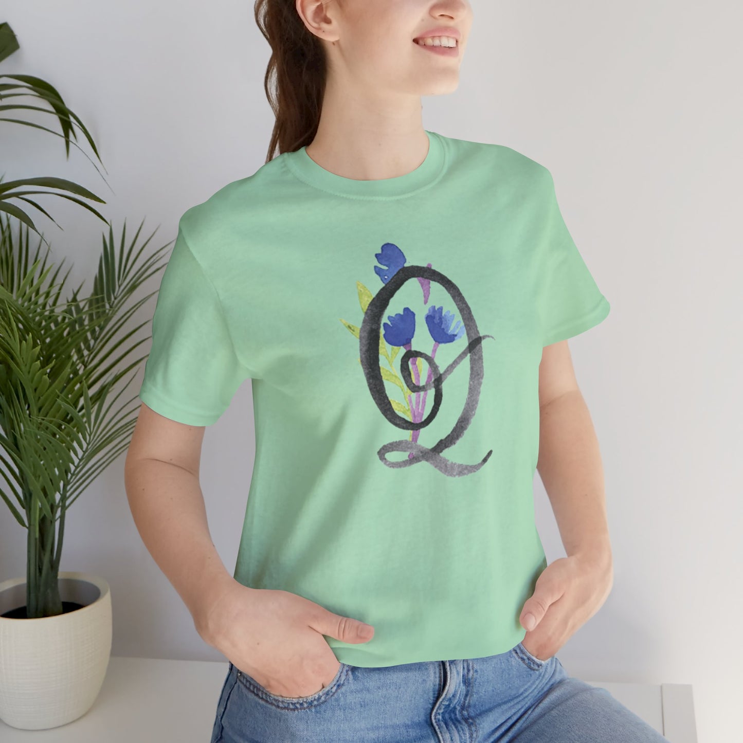 Clothing Stuff > Shirts & Tops > Unisex Jersey Tee Watercolor Flower Letter Q T-Shirt – Garden Nerd Tee for Plant Moms