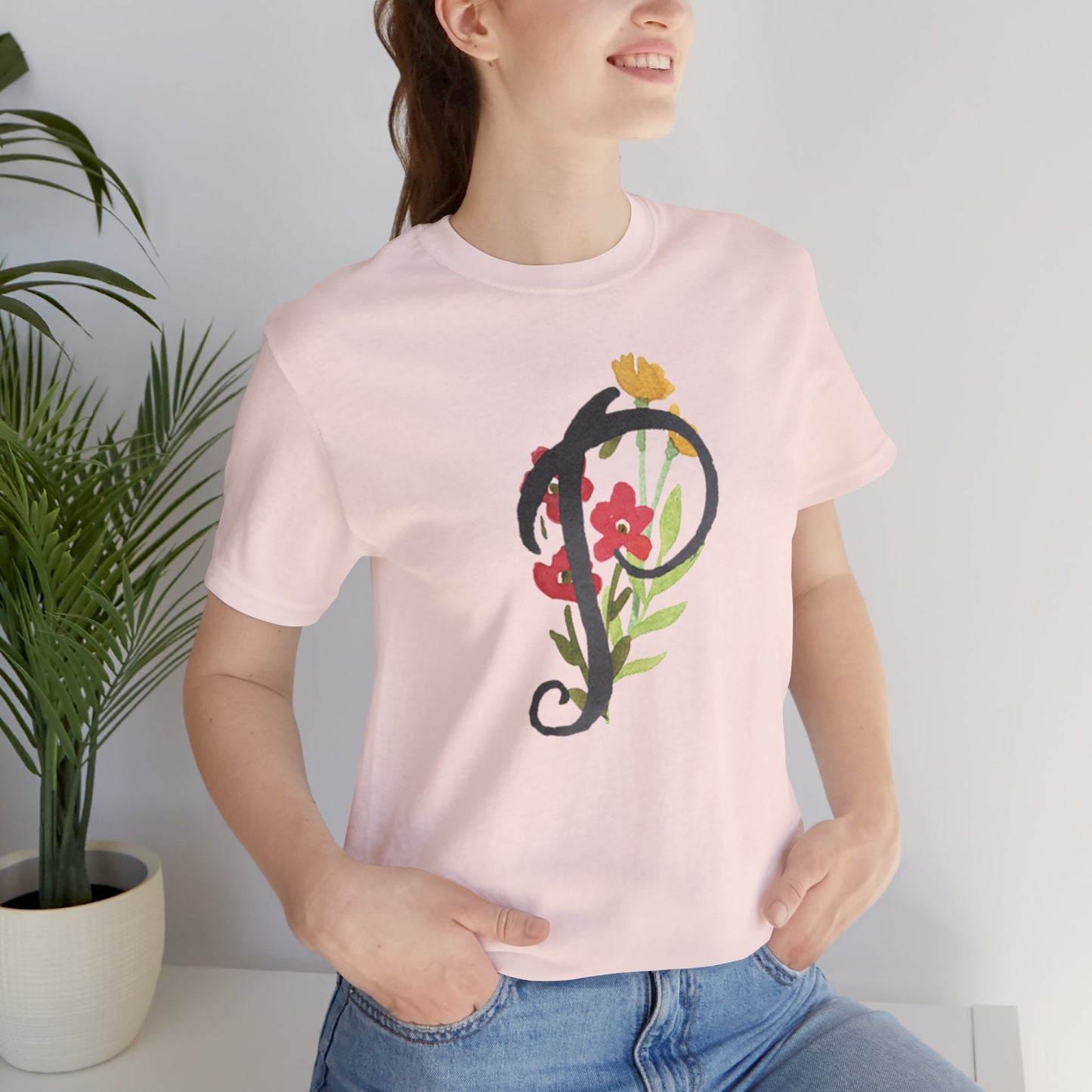 Clothing Stuff > Shirts & Tops > Unisex Jersey Tee Watercolor Flower Letter P T-Shirt – Garden Nerd Tee for Plant Moms